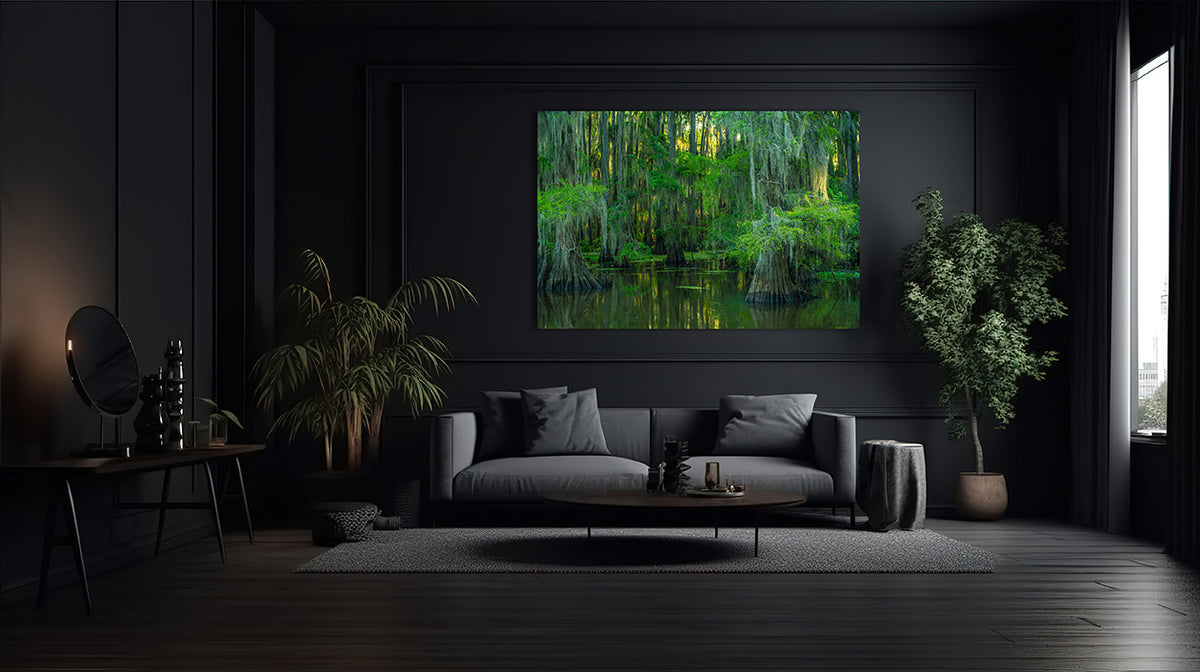 Serene Swamp Wall Art — Cypress Trees, Moss and Water Reflection