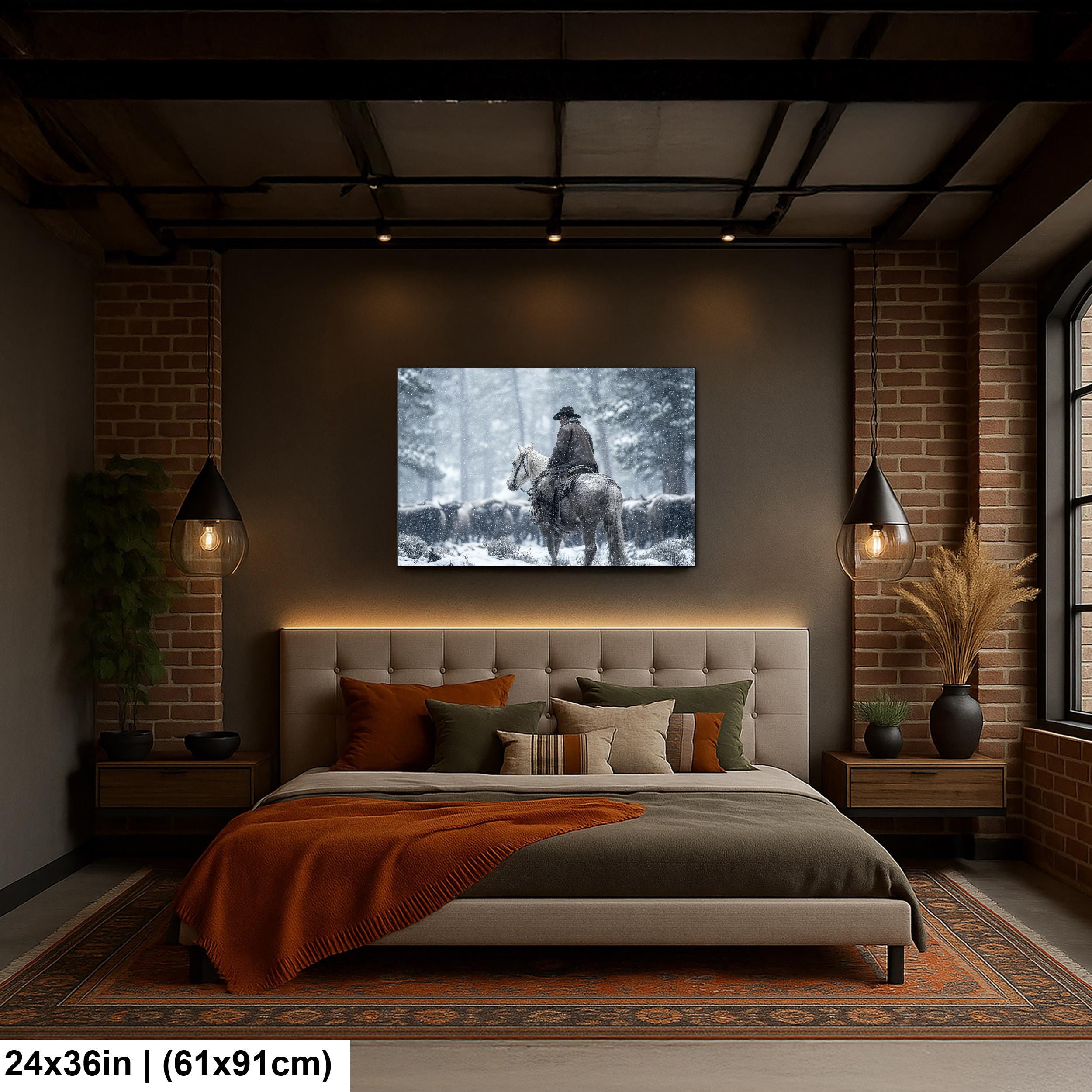 Cowboy Art Print - Rustic Western Home Decor With Mountain Snow Artwork