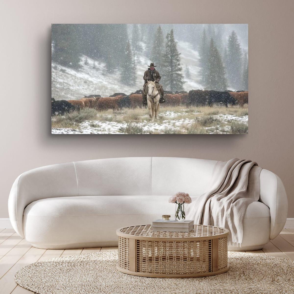 Cowboy Art Print - Rustic Western Decor | Winter Roundup Snowy Scene
