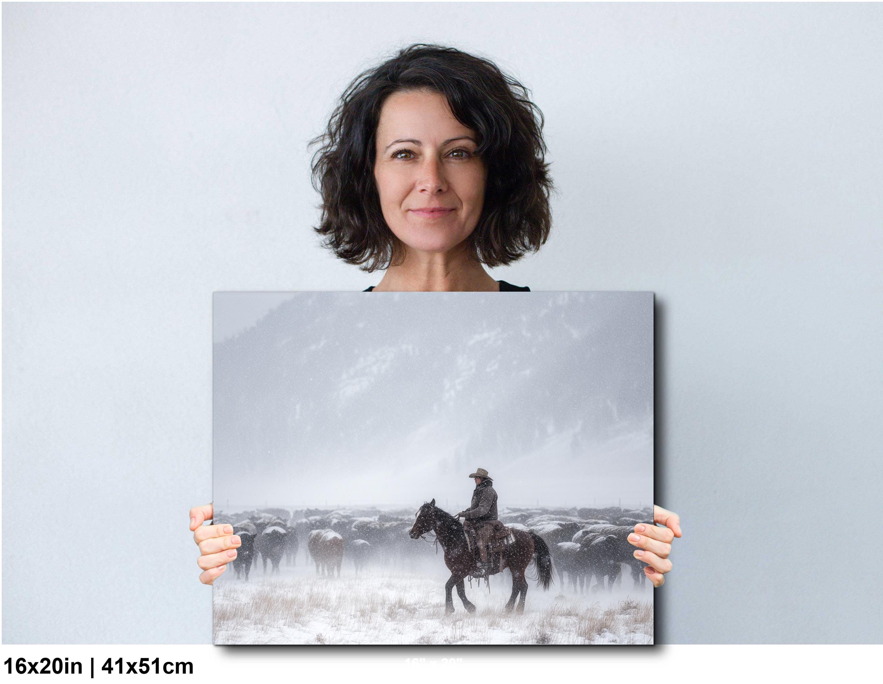 Cowboy Art Print – Rustic Western Home Decor With Winter Roundup Scene