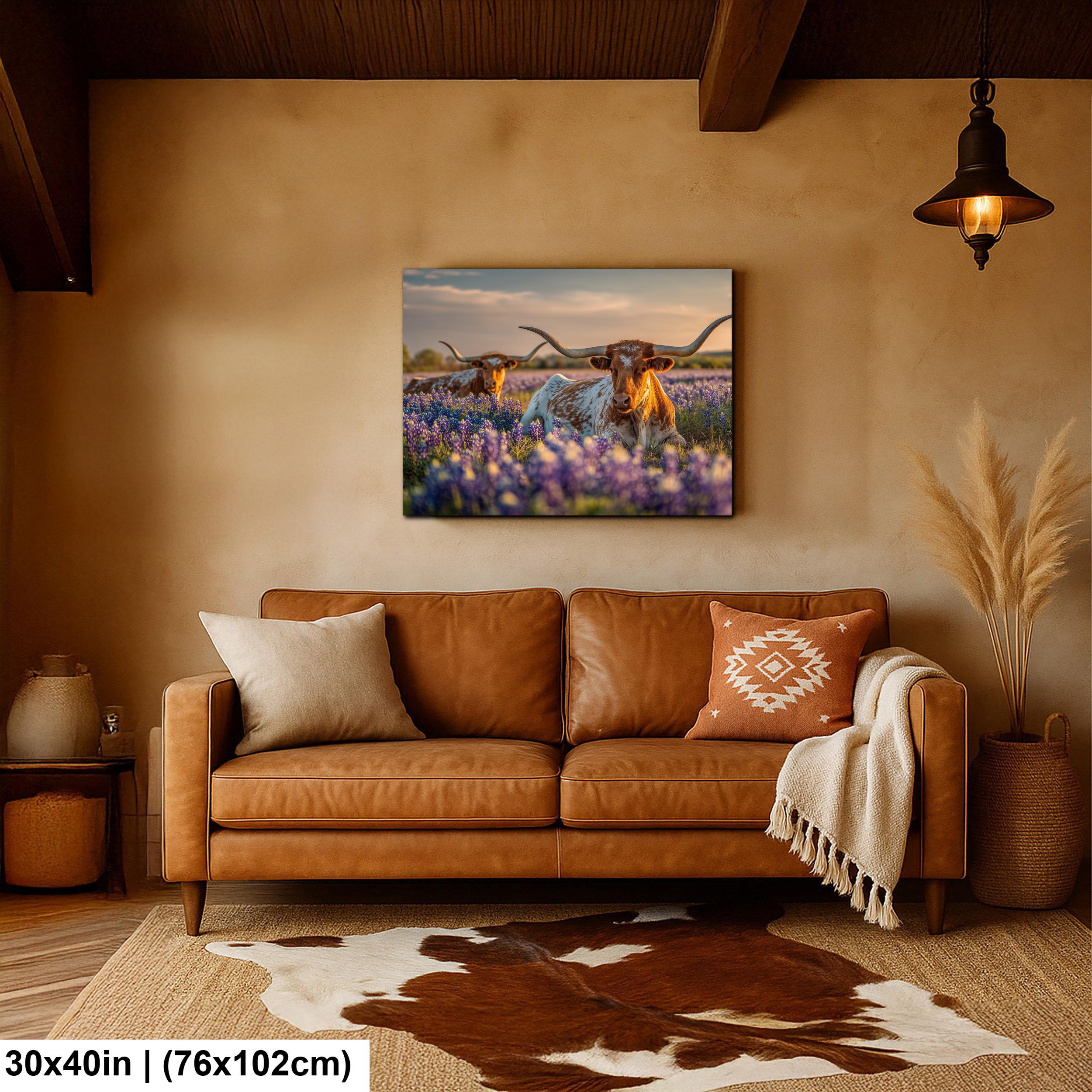 Longhorn Cattle Painting | Textured Rustic Wall Art With Bluebonnet Meadow Print