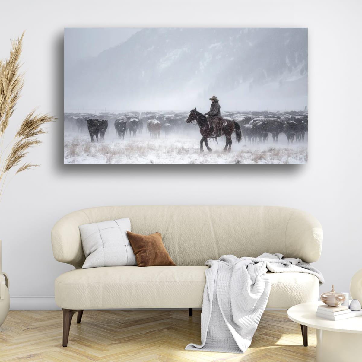 Cowboy Art Print – Rustic Western Home Decor With Winter Roundup Scene