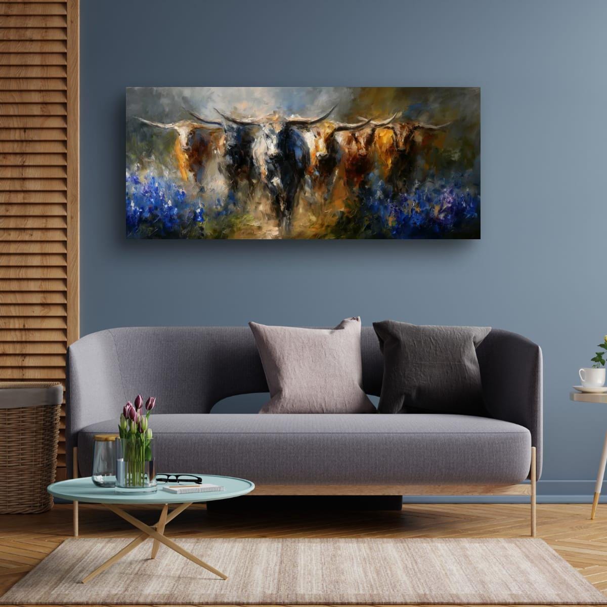 Longhorn Cattle Painting – Rustic Wall Art With Bluebonnet Landscape & Western Decor