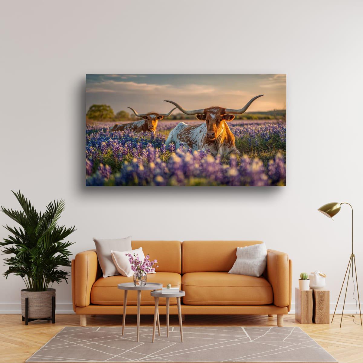 Longhorn Cattle Painting | Textured Rustic Wall Art With Bluebonnet Meadow Print