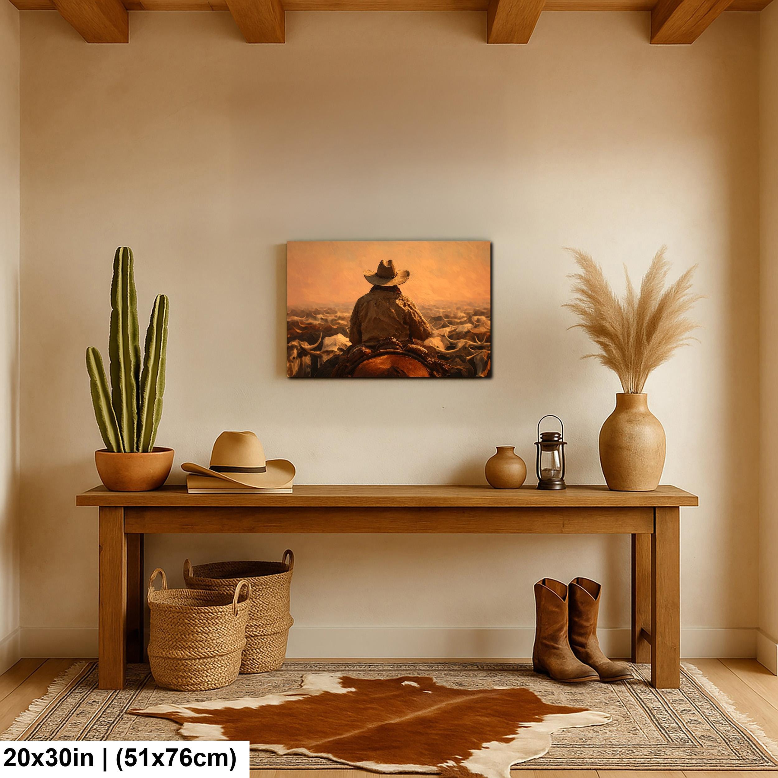 Cowboy Art Print - Rustic Western Decor | Cattle Drive Painting & Horseback Riding