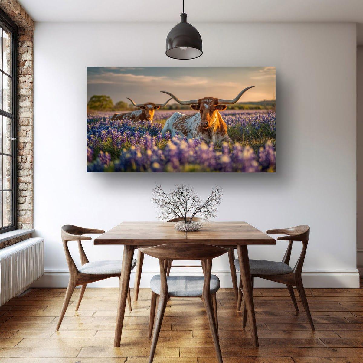 Longhorn Cattle Painting | Textured Rustic Wall Art With Bluebonnet Meadow Print