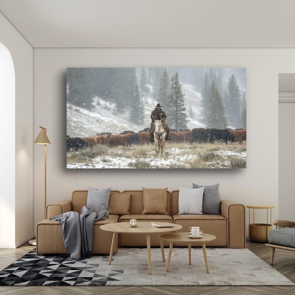 Cowboy Art Print - Rustic Western Decor | Winter Roundup Snowy Scene