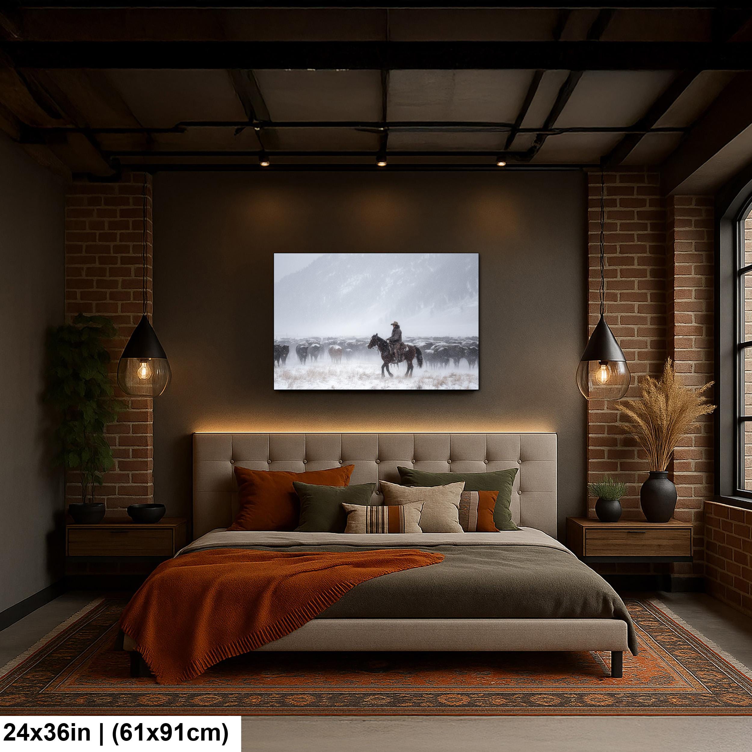 Cowboy Art Print – Rustic Western Home Decor With Winter Roundup Scene