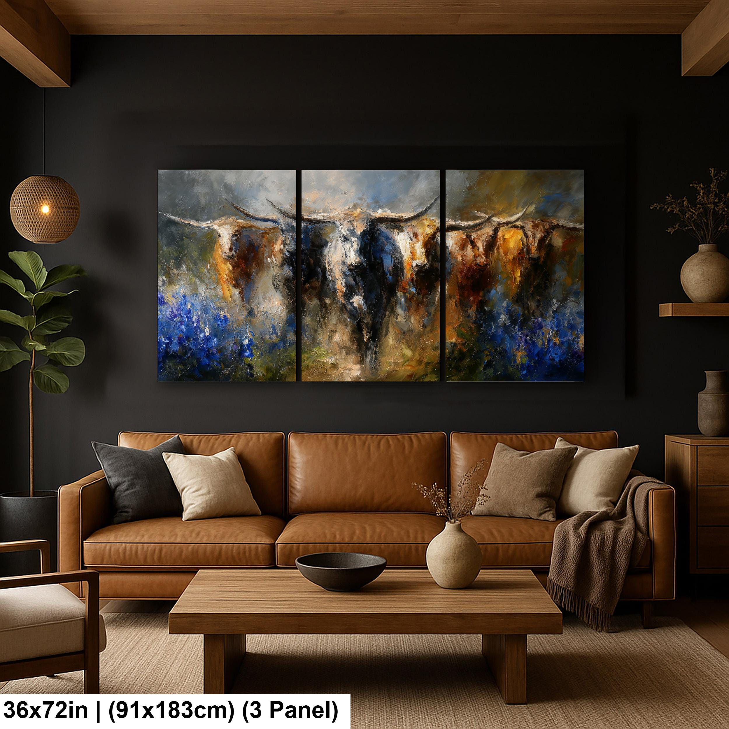 Longhorn Cattle Painting – Rustic Wall Art With Bluebonnet Landscape & Western Decor