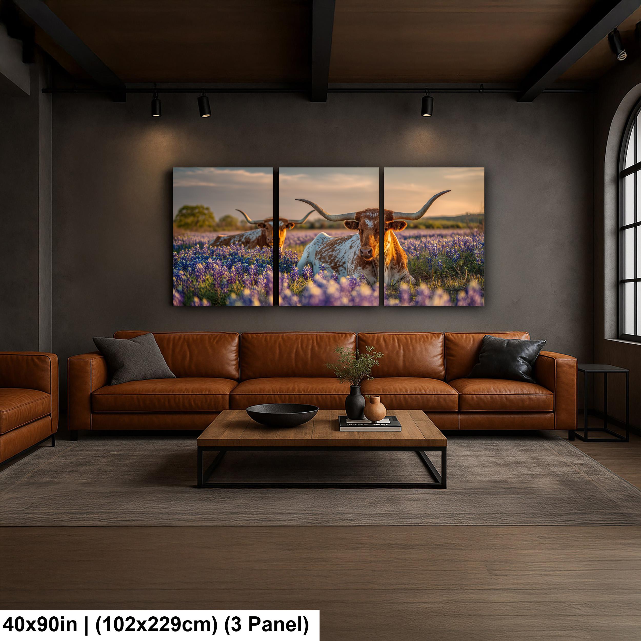 Longhorn Cattle Painting | Textured Rustic Wall Art With Bluebonnet Meadow Print