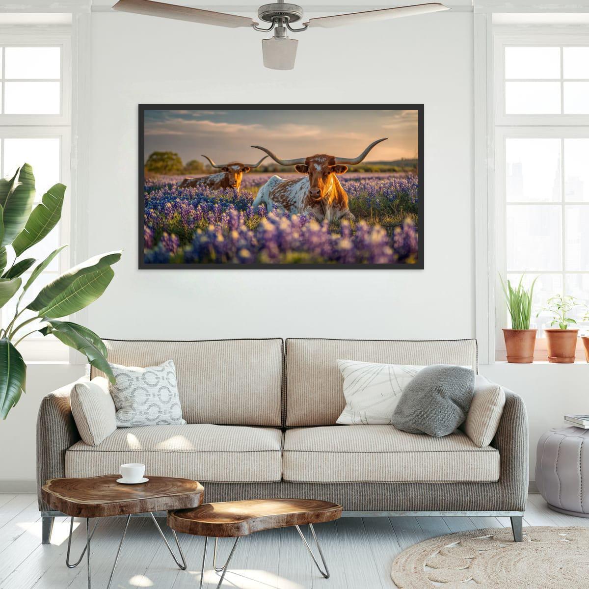 Longhorn Cattle Painting | Textured Rustic Wall Art With Bluebonnet Meadow Print