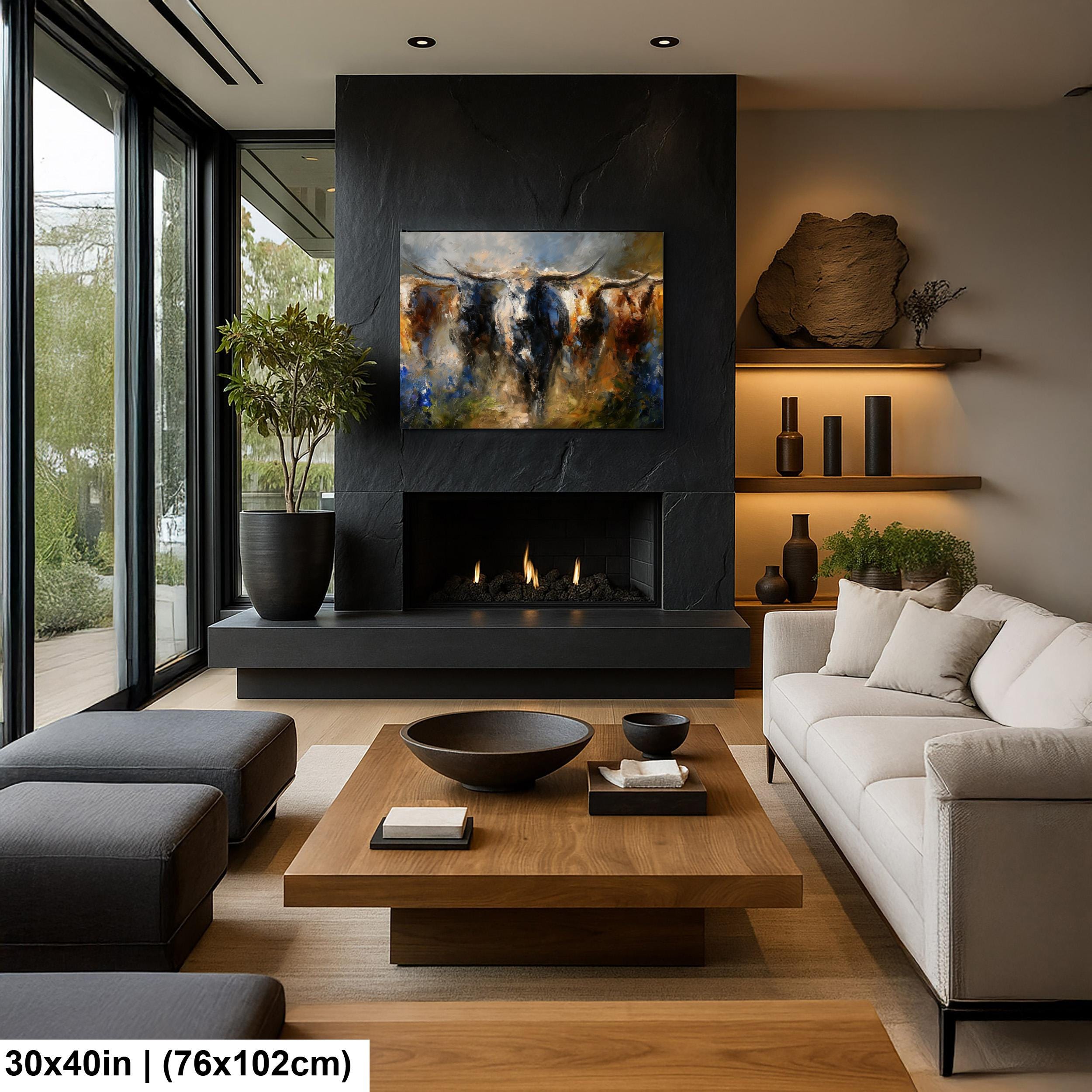 Longhorn Cattle Painting – Rustic Wall Art With Bluebonnet Landscape & Western Decor