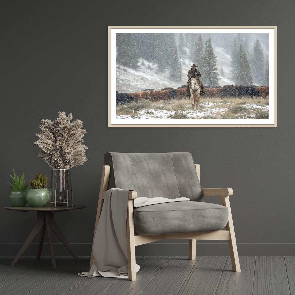 Cowboy Art Print - Rustic Western Decor | Winter Roundup Snowy Scene