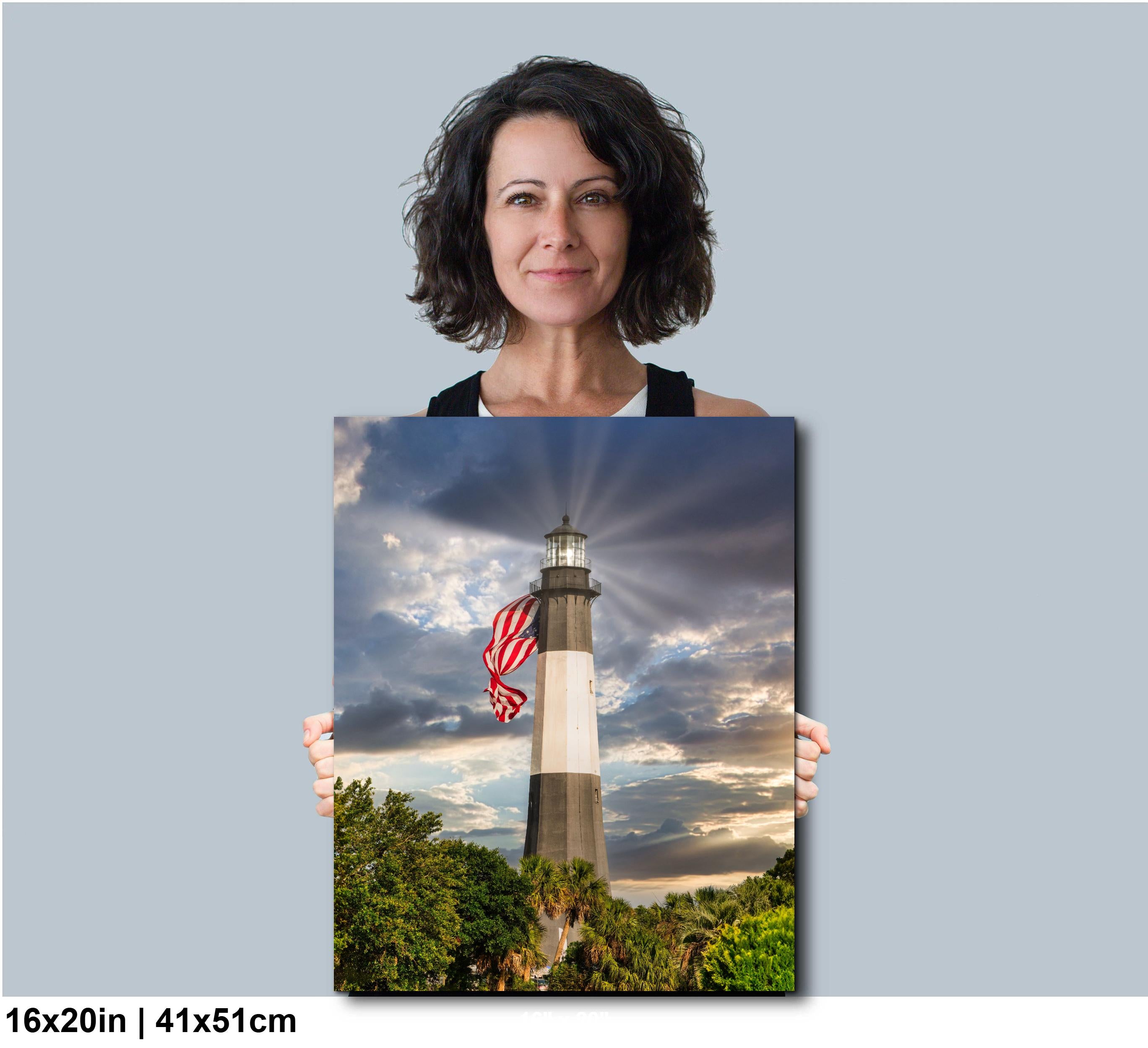 Tybee Island Lighthouse Print - Patriotic Coastal Wall Art With American Flag