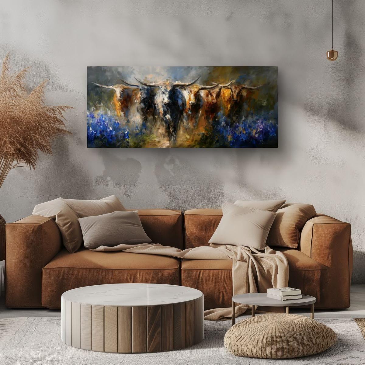 Longhorn Cattle Painting – Rustic Wall Art With Bluebonnet Landscape & Western Decor