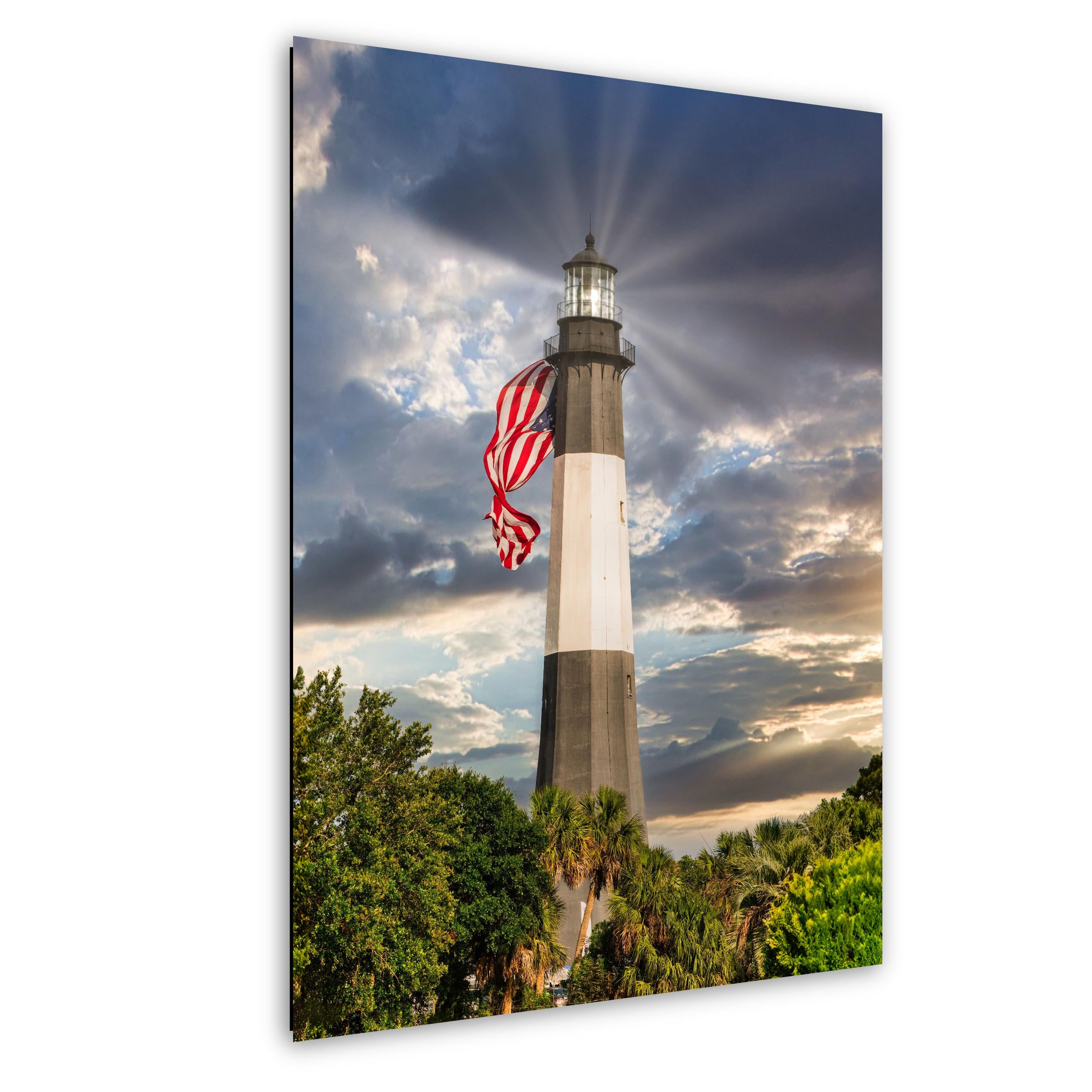 Tybee Island Lighthouse Print - Patriotic Coastal Wall Art With American Flag