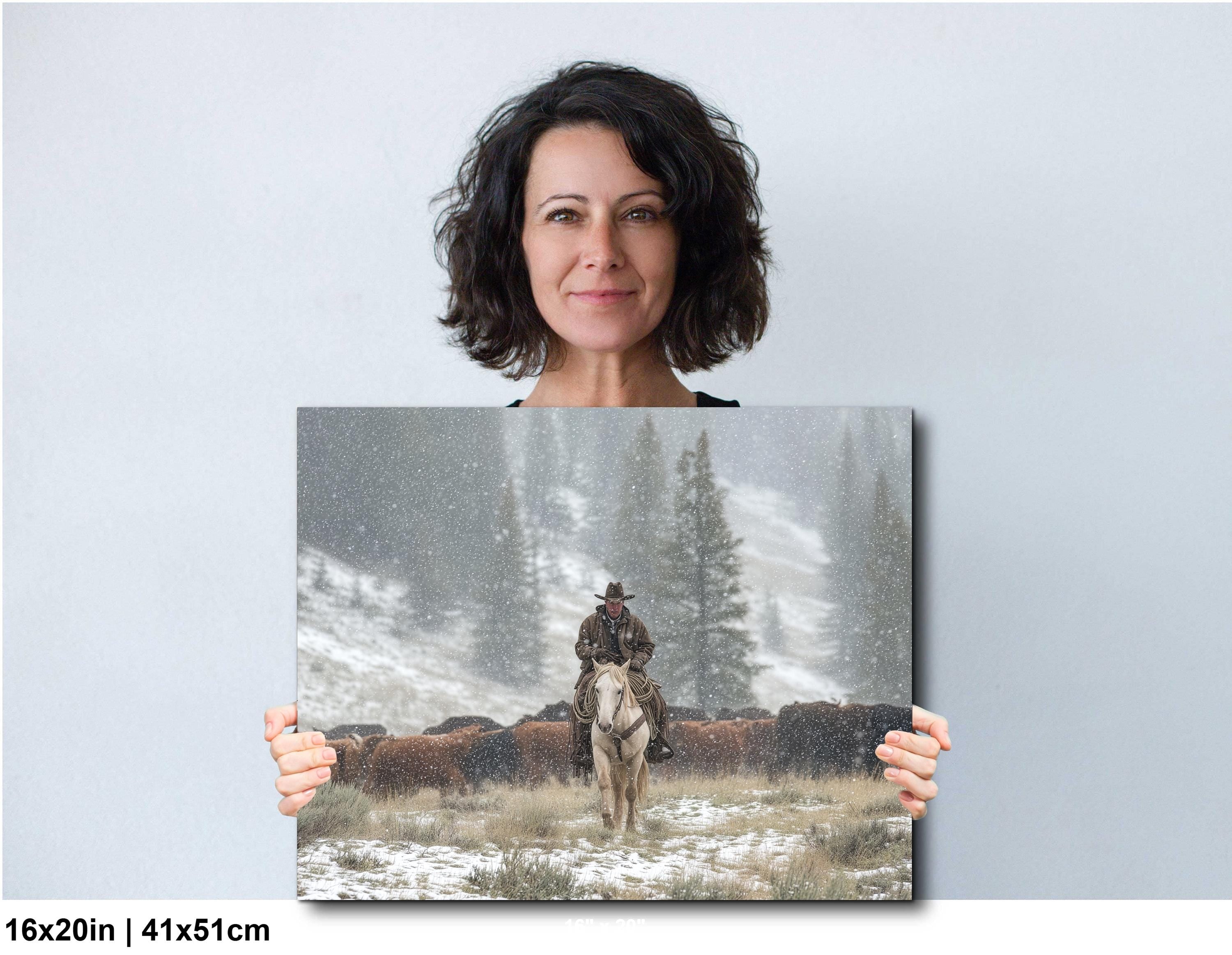 Cowboy Art Print - Rustic Western Decor | Winter Roundup Snowy Scene