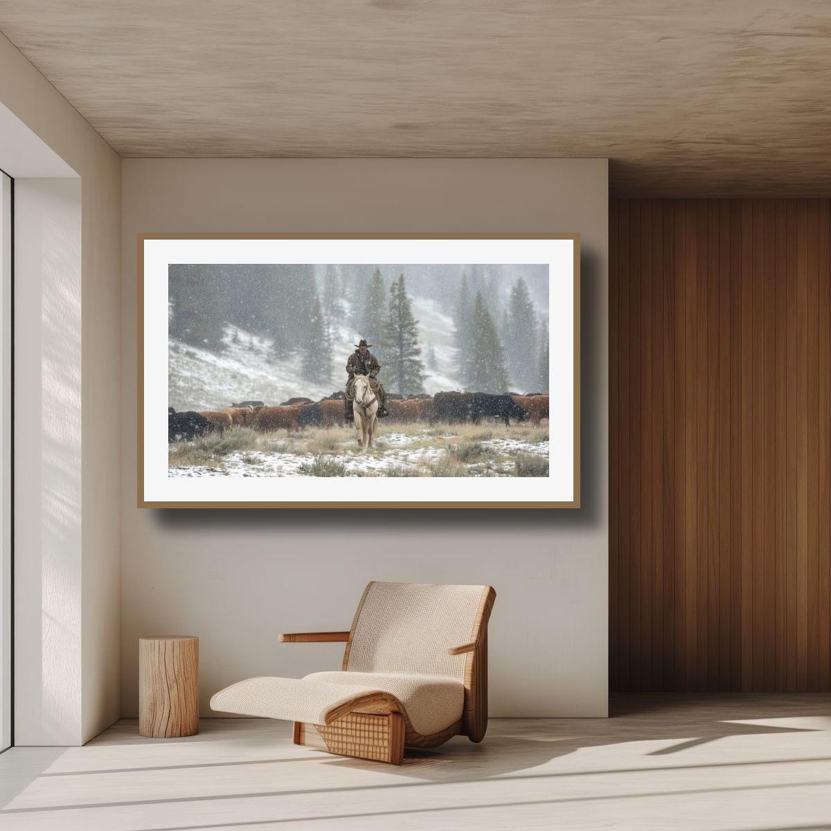 Cowboy Art Print - Rustic Western Decor | Winter Roundup Snowy Scene
