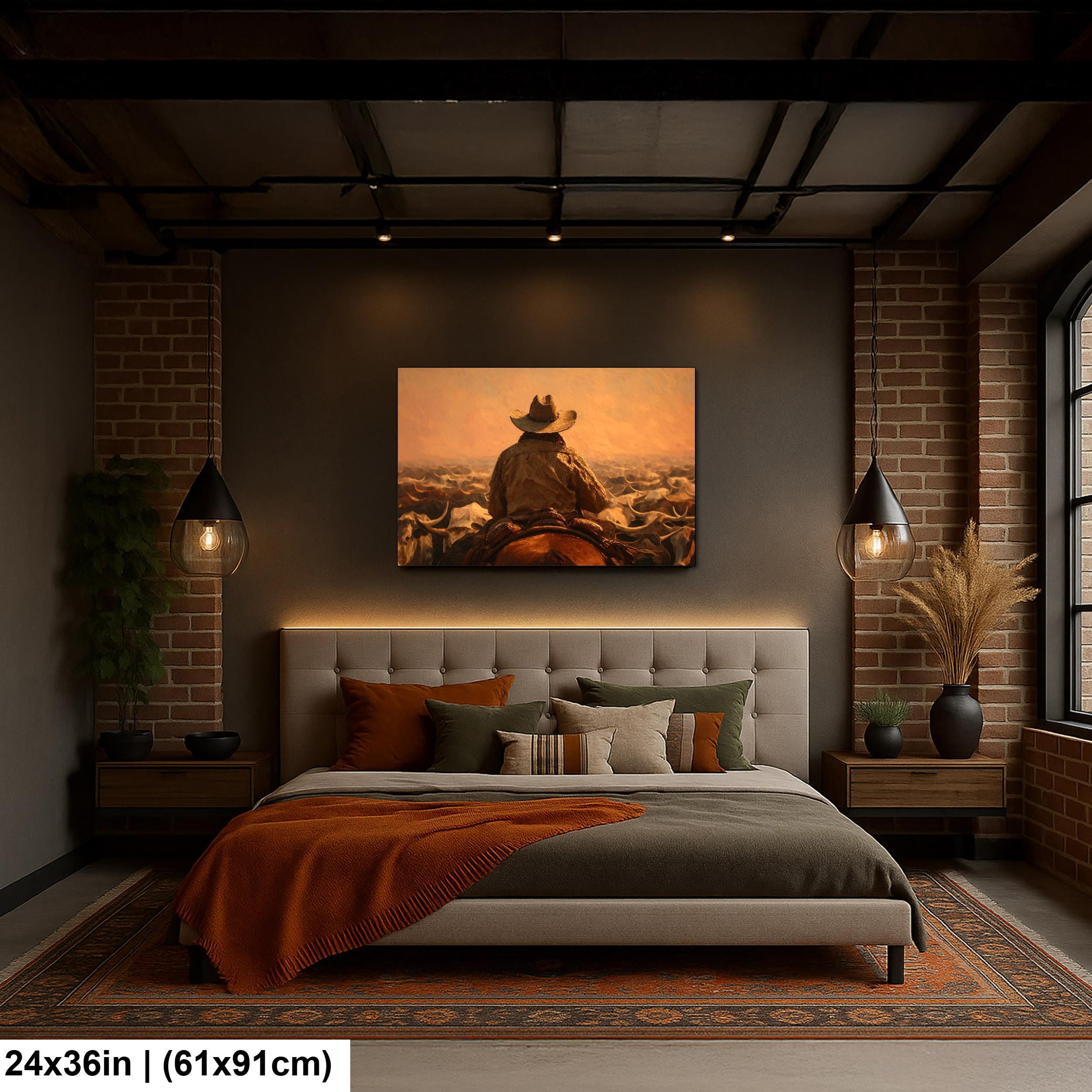 Cowboy Art Print - Rustic Western Decor | Cattle Drive Painting & Horseback Riding