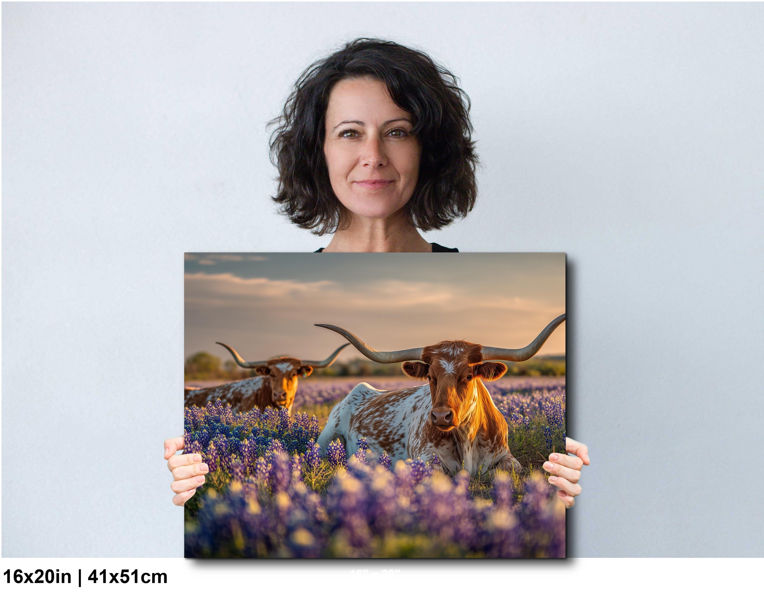 Longhorn Cattle Painting | Textured Rustic Wall Art With Bluebonnet Meadow Print