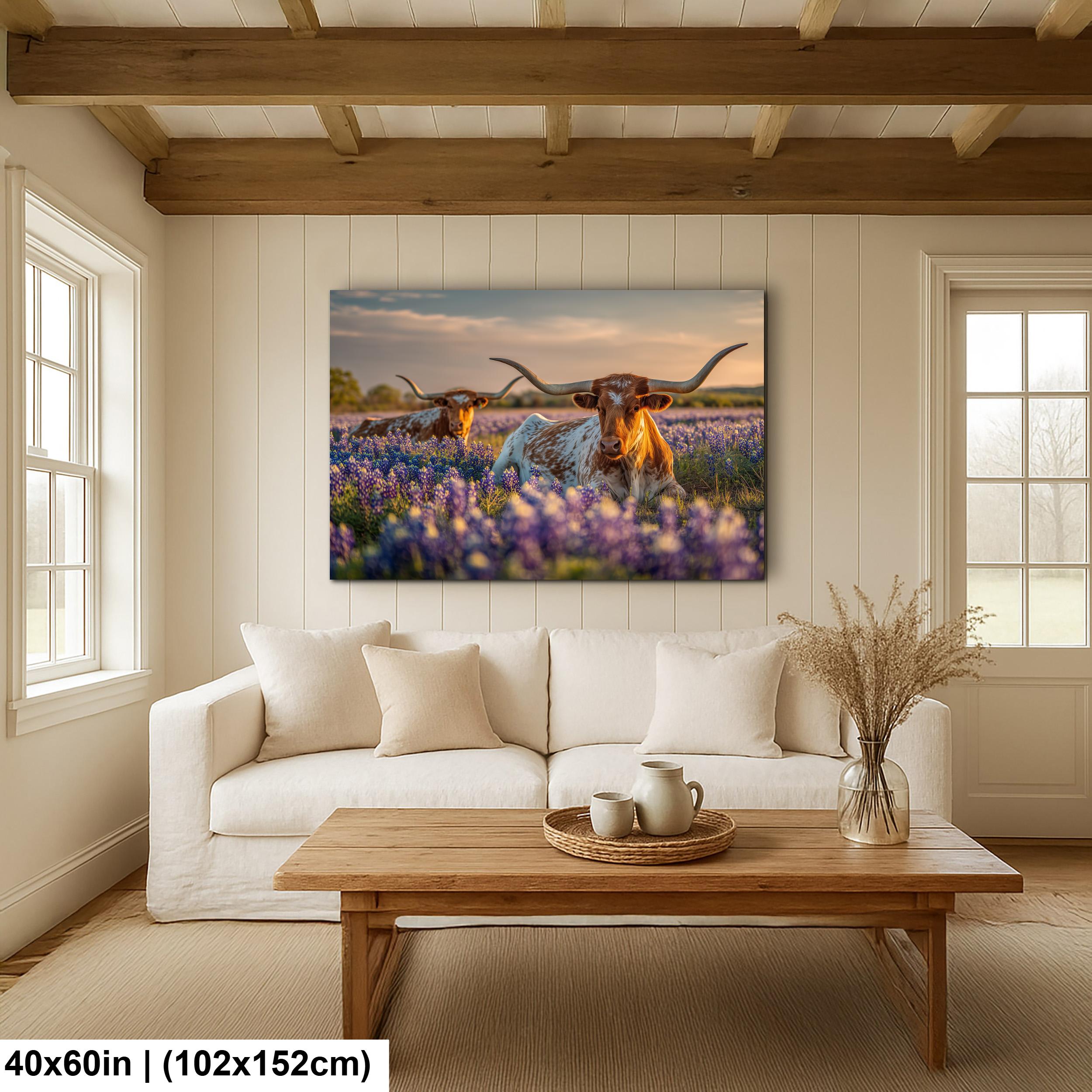 Longhorn Cattle Painting | Textured Rustic Wall Art With Bluebonnet Meadow Print