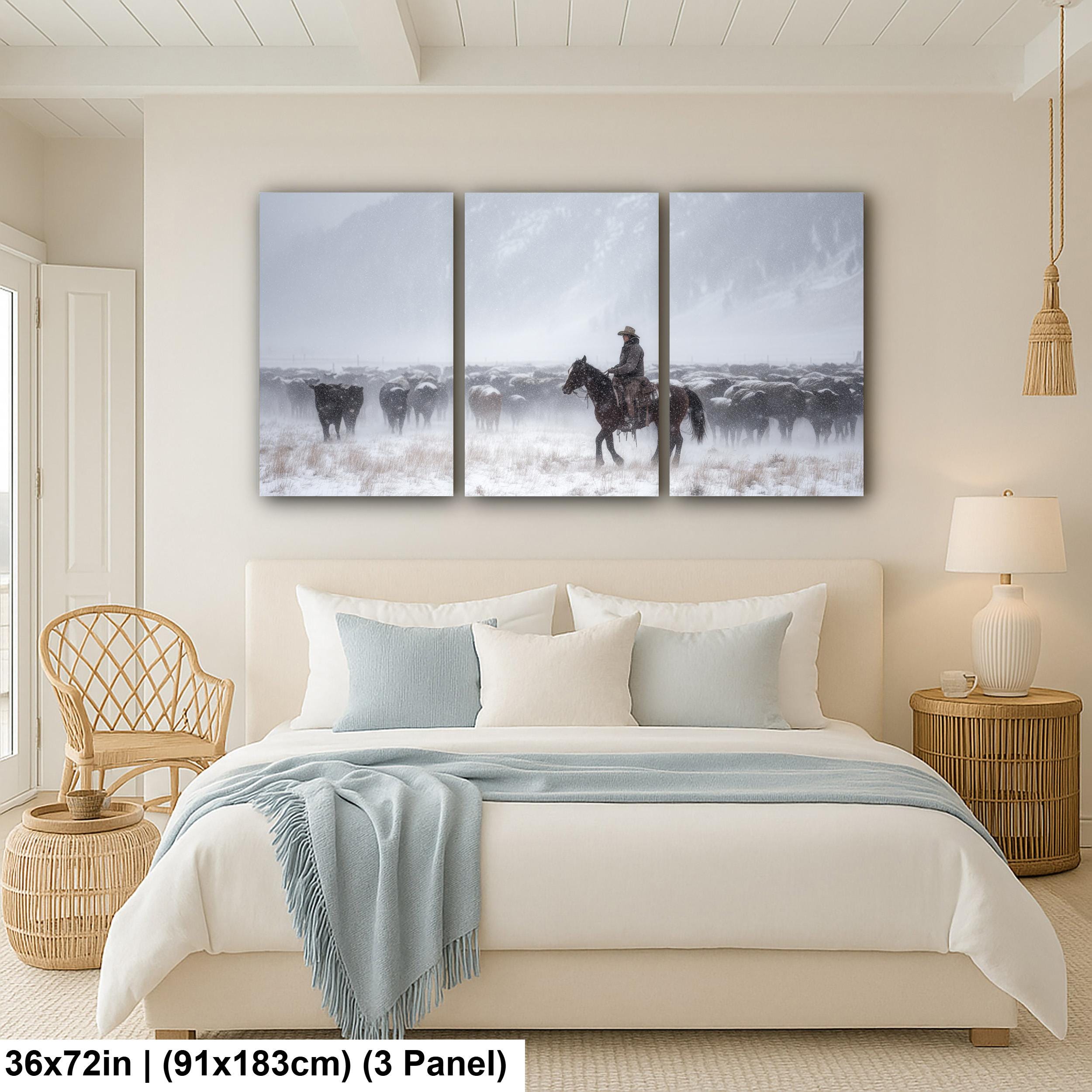 Cowboy Art Print – Rustic Western Home Decor With Winter Roundup Scene