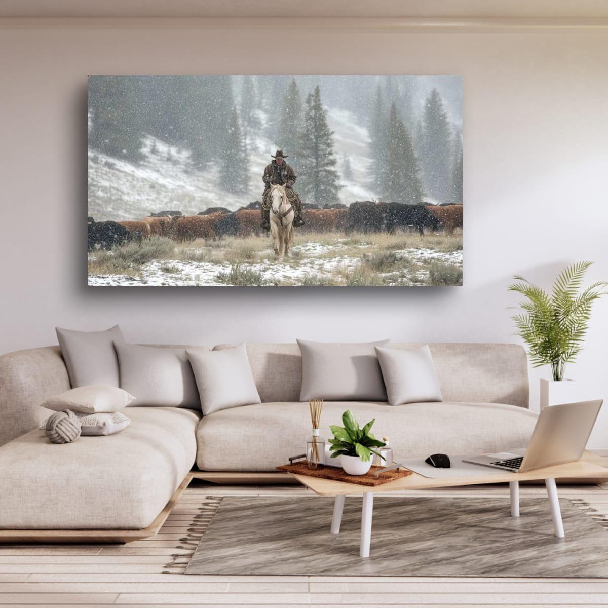 Cowboy Art Print - Rustic Western Decor | Winter Roundup Snowy Scene