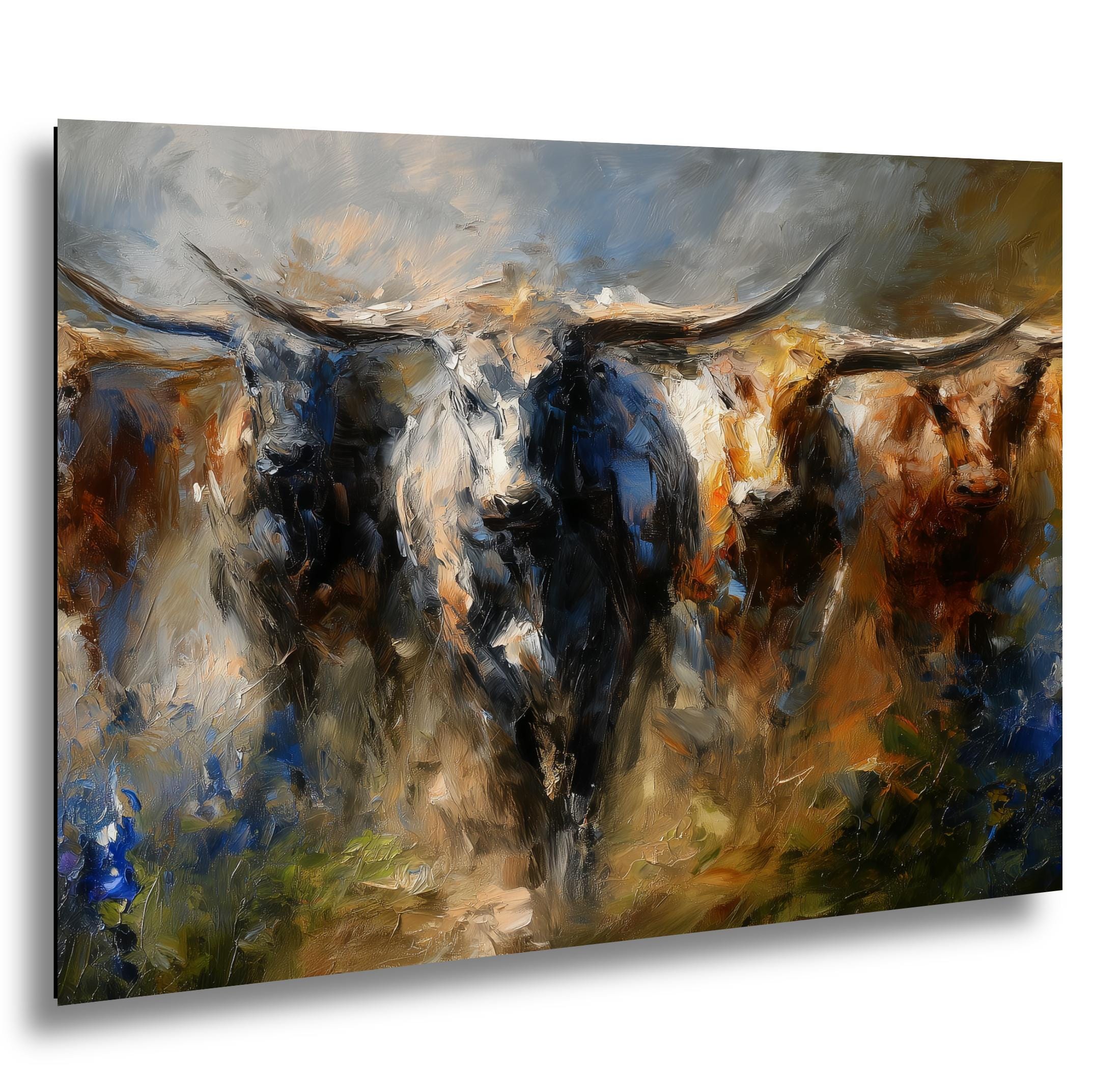 Longhorn Cattle Painting – Rustic Wall Art With Bluebonnet Landscape & Western Decor