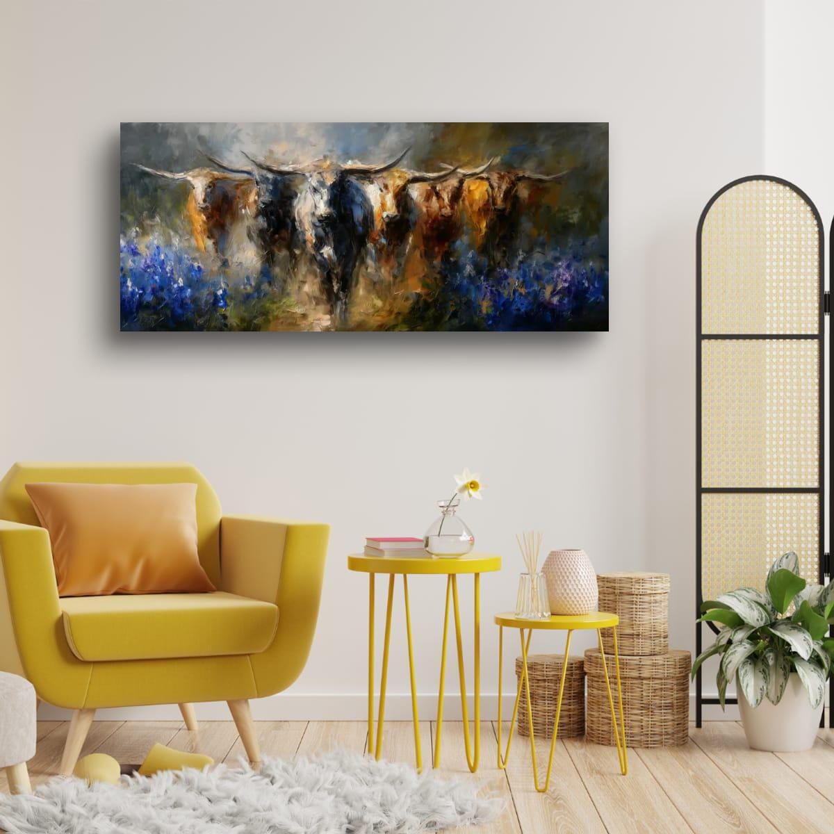 Longhorn Cattle Painting – Rustic Wall Art With Bluebonnet Landscape & Western Decor