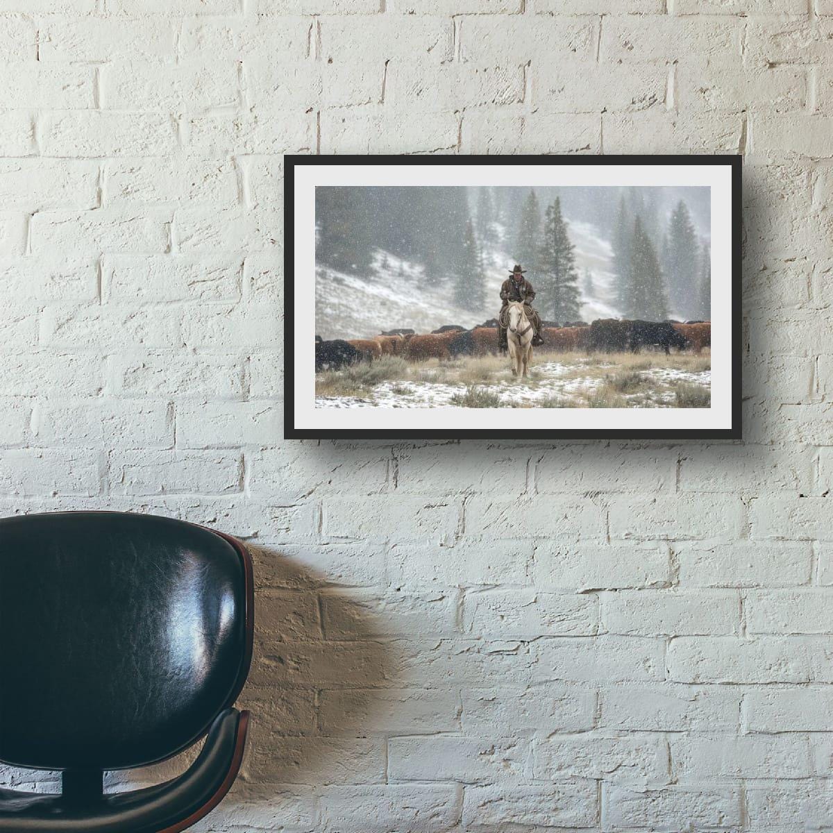 Cowboy Art Print - Rustic Western Decor | Winter Roundup Snowy Scene