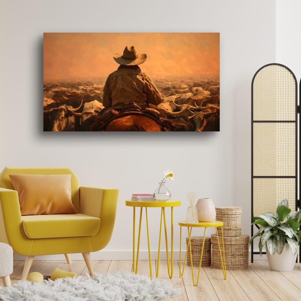 Cowboy Art Print - Rustic Western Decor | Cattle Drive Painting & Horseback Riding