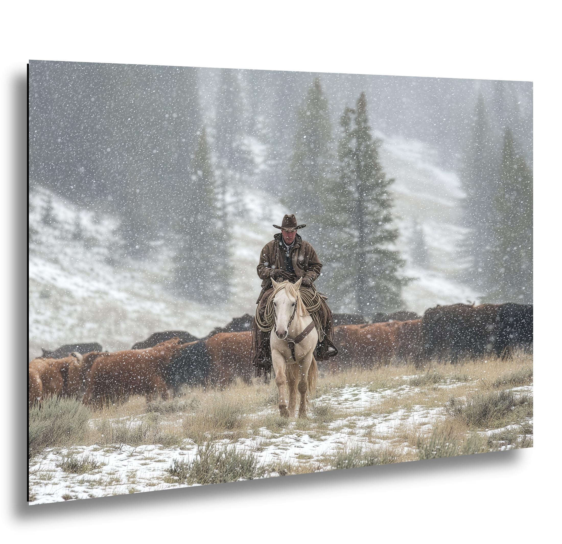 Cowboy Art Print - Rustic Western Decor | Winter Roundup Snowy Scene