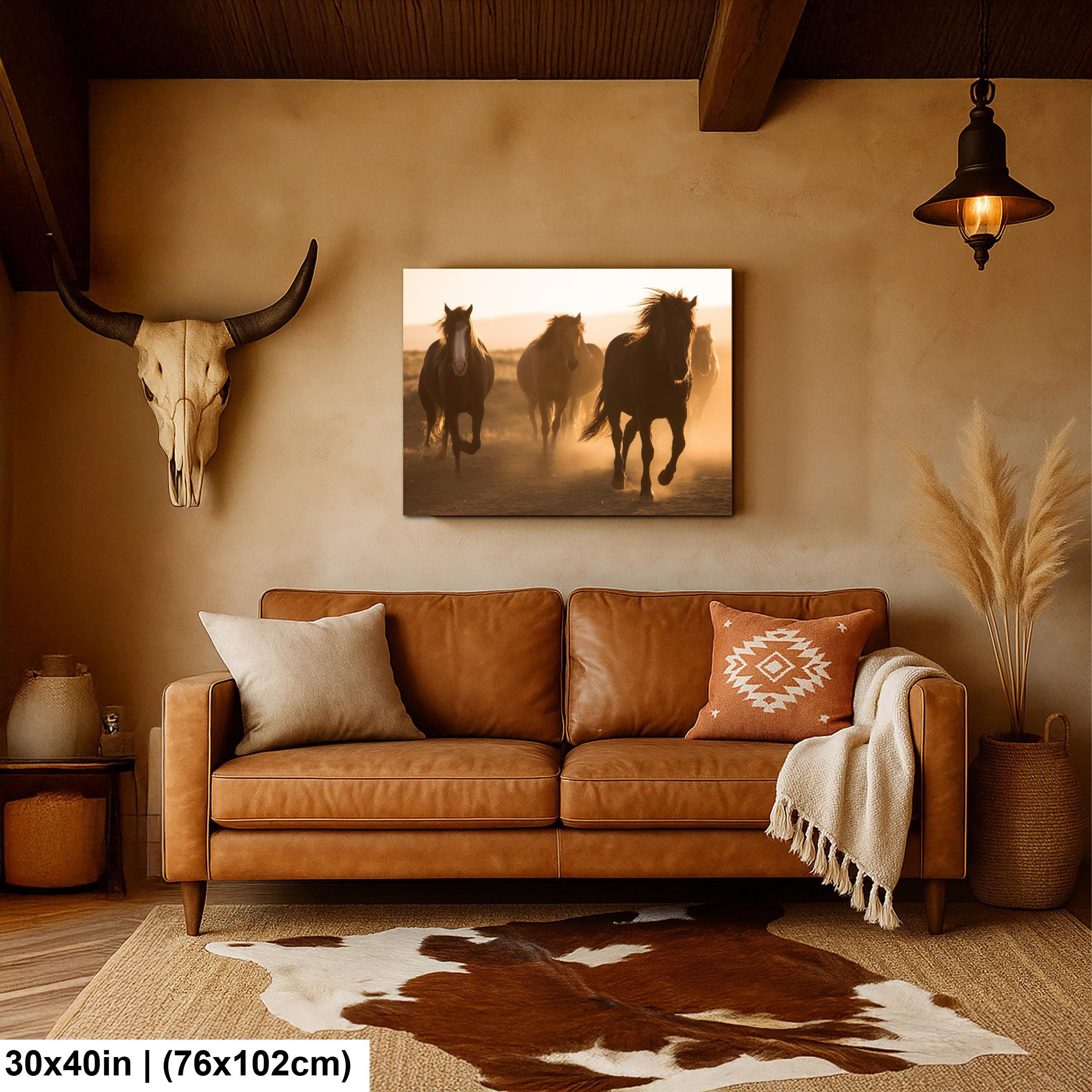 Wild Horses Art Print - Rustic Western Wall Art | Sunset Horse Painting Decor