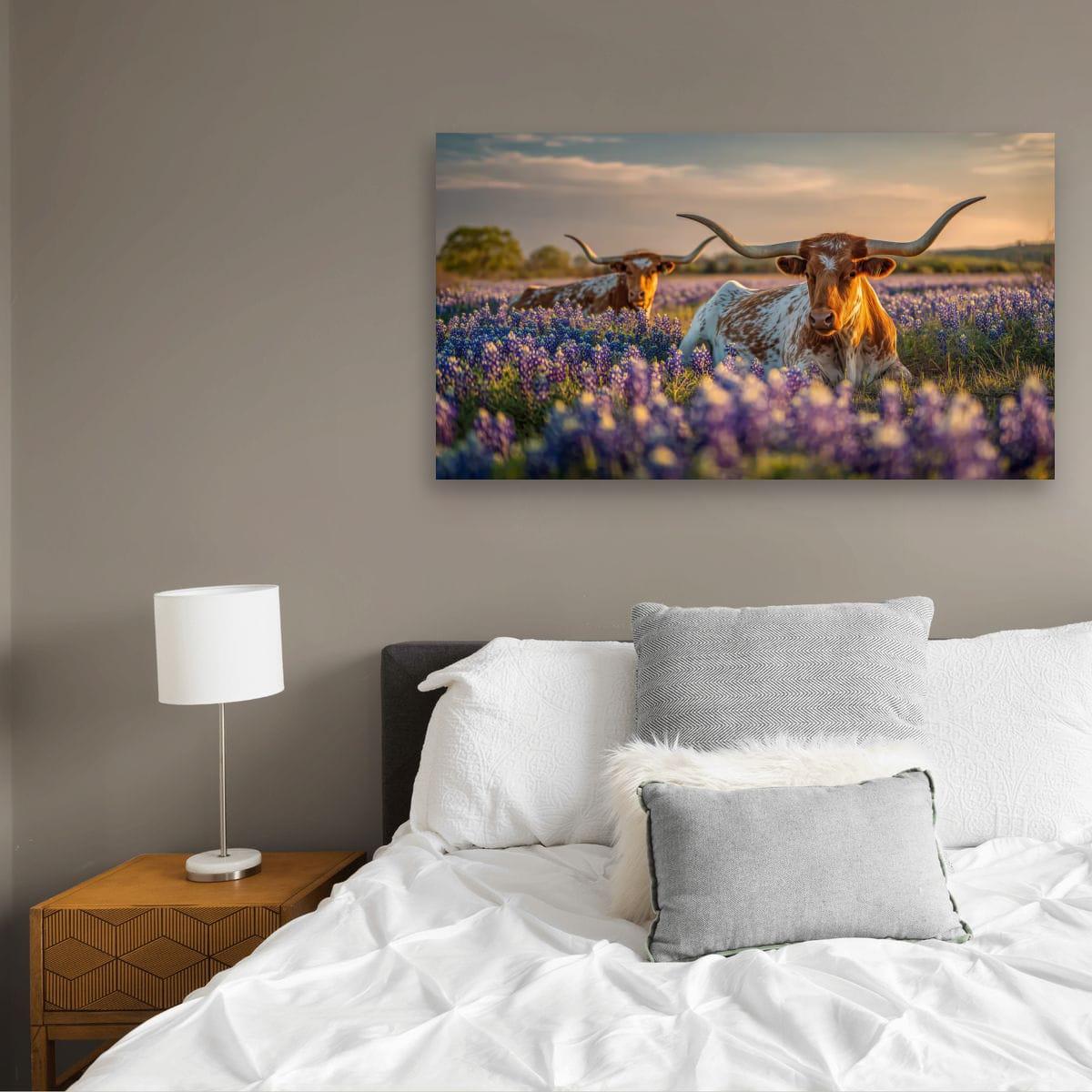 Longhorn Cattle Painting | Textured Rustic Wall Art With Bluebonnet Meadow Print