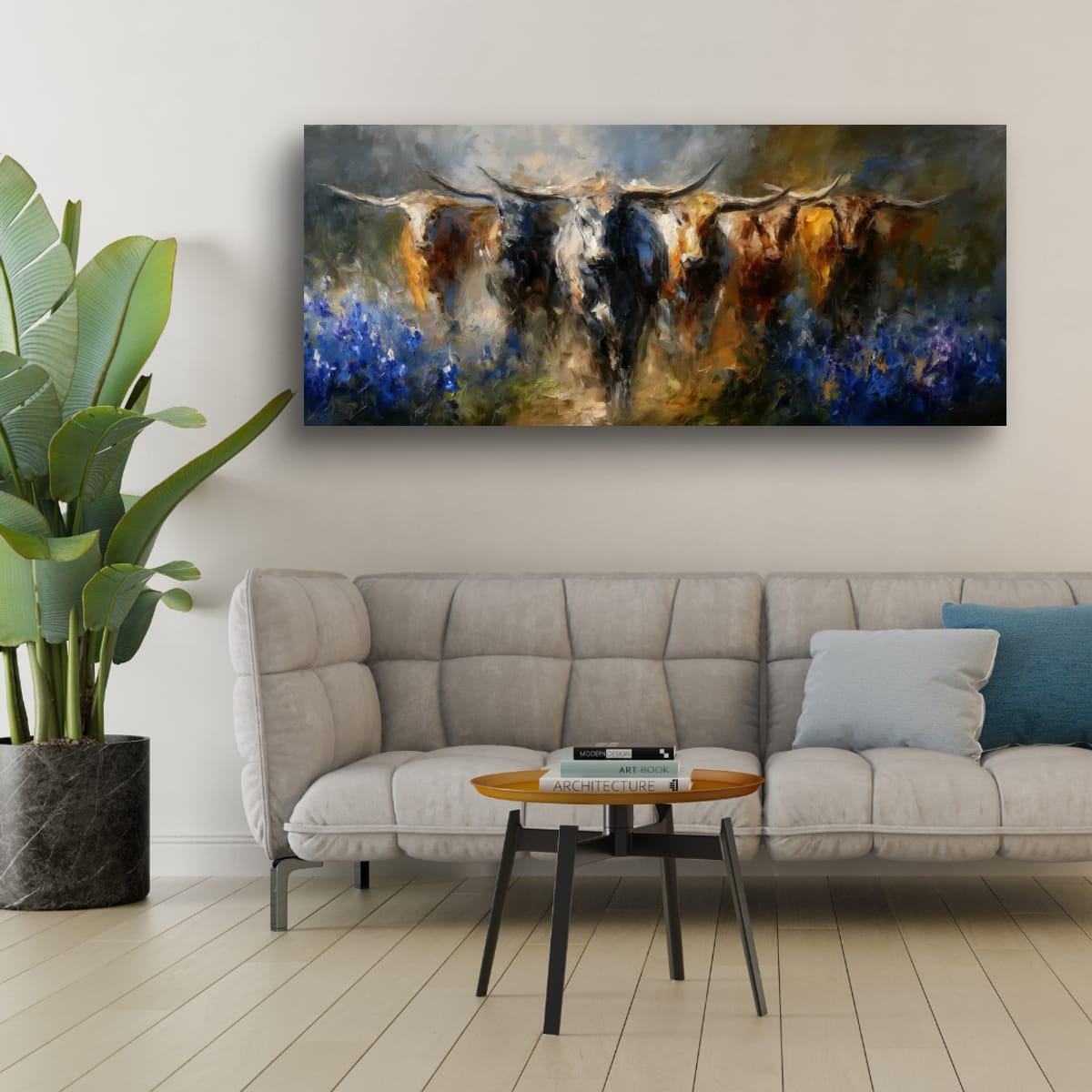 Longhorn Cattle Painting – Rustic Wall Art With Bluebonnet Landscape & Western Decor