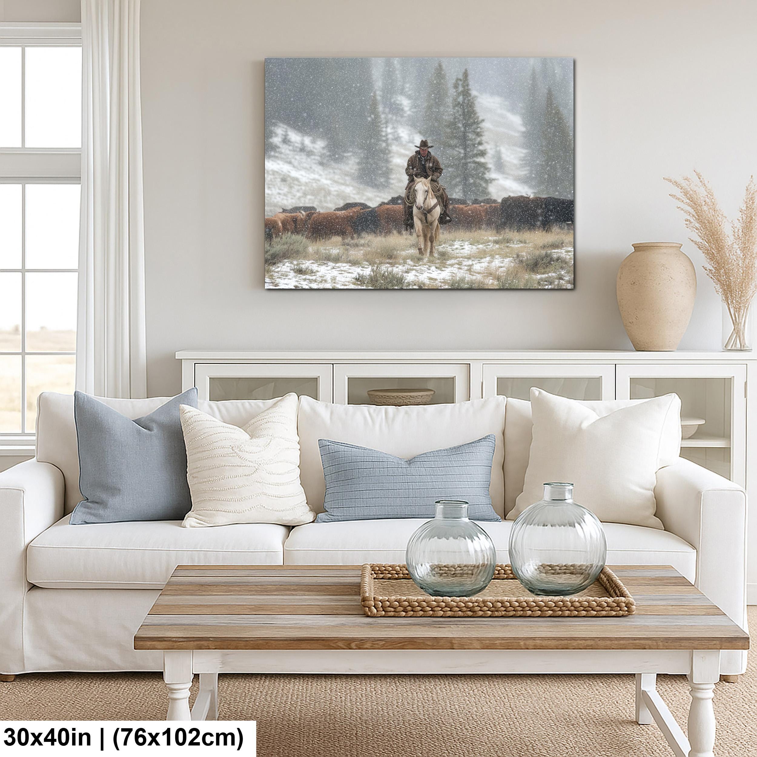 Cowboy Art Print - Rustic Western Decor | Winter Roundup Snowy Scene