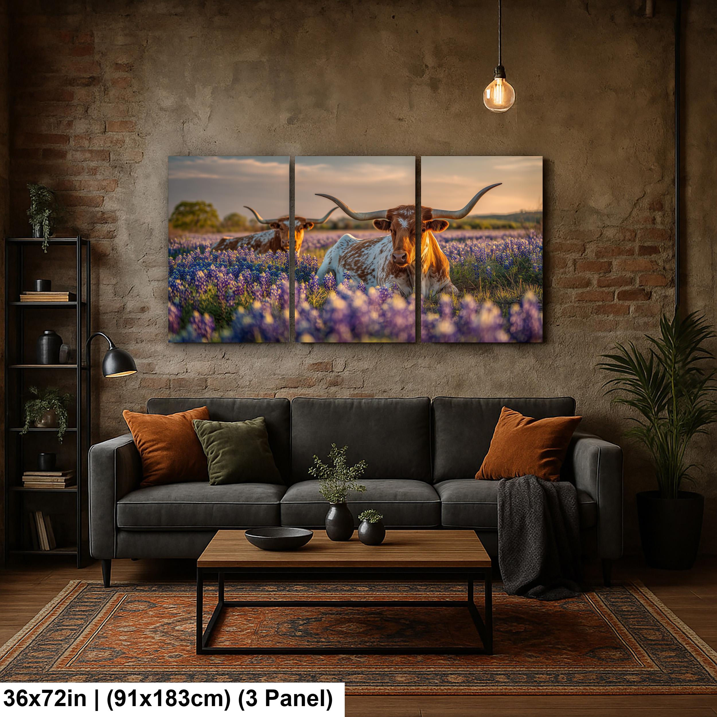 Longhorn Cattle Painting | Textured Rustic Wall Art With Bluebonnet Meadow Print