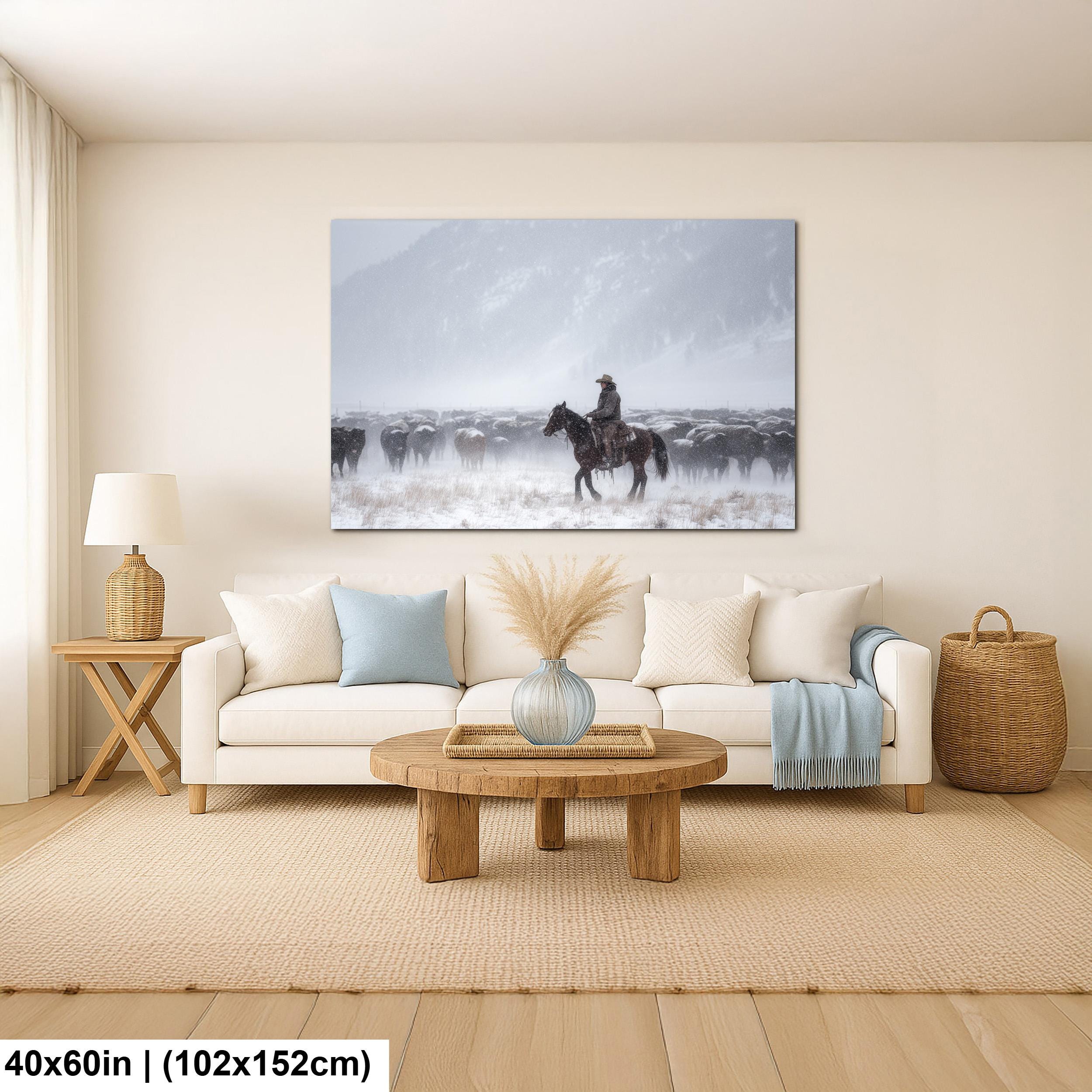Cowboy Art Print – Rustic Western Home Decor With Winter Roundup Scene
