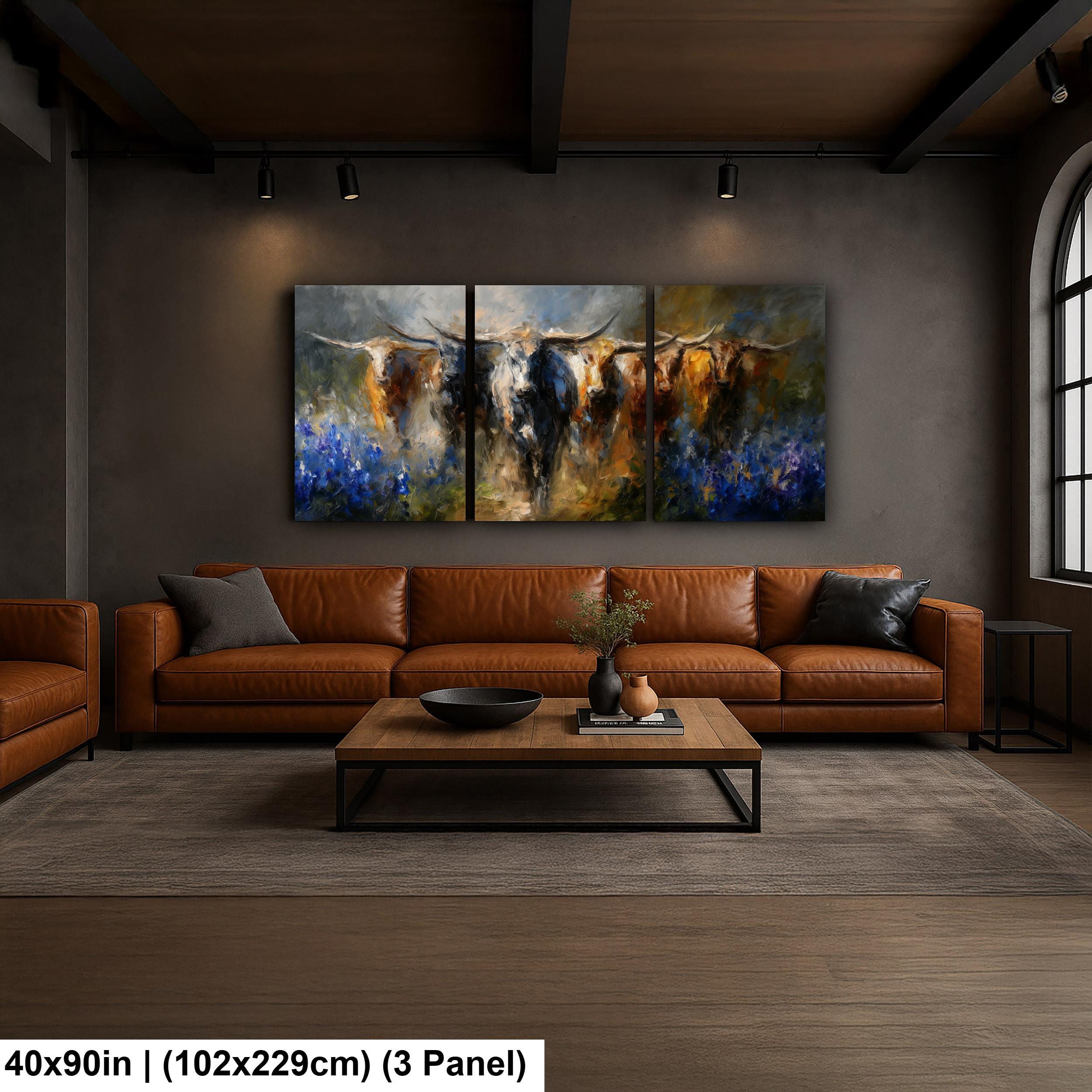 Longhorn Cattle Painting – Rustic Wall Art With Bluebonnet Landscape & Western Decor