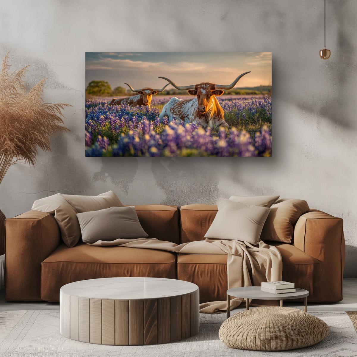 Longhorn Cattle Painting | Textured Rustic Wall Art With Bluebonnet Meadow Print
