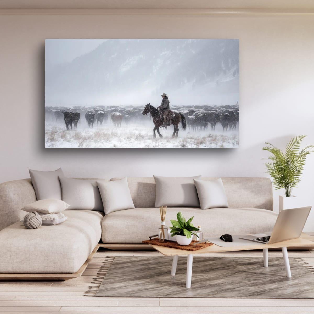 Cowboy Art Print – Rustic Western Home Decor With Winter Roundup Scene