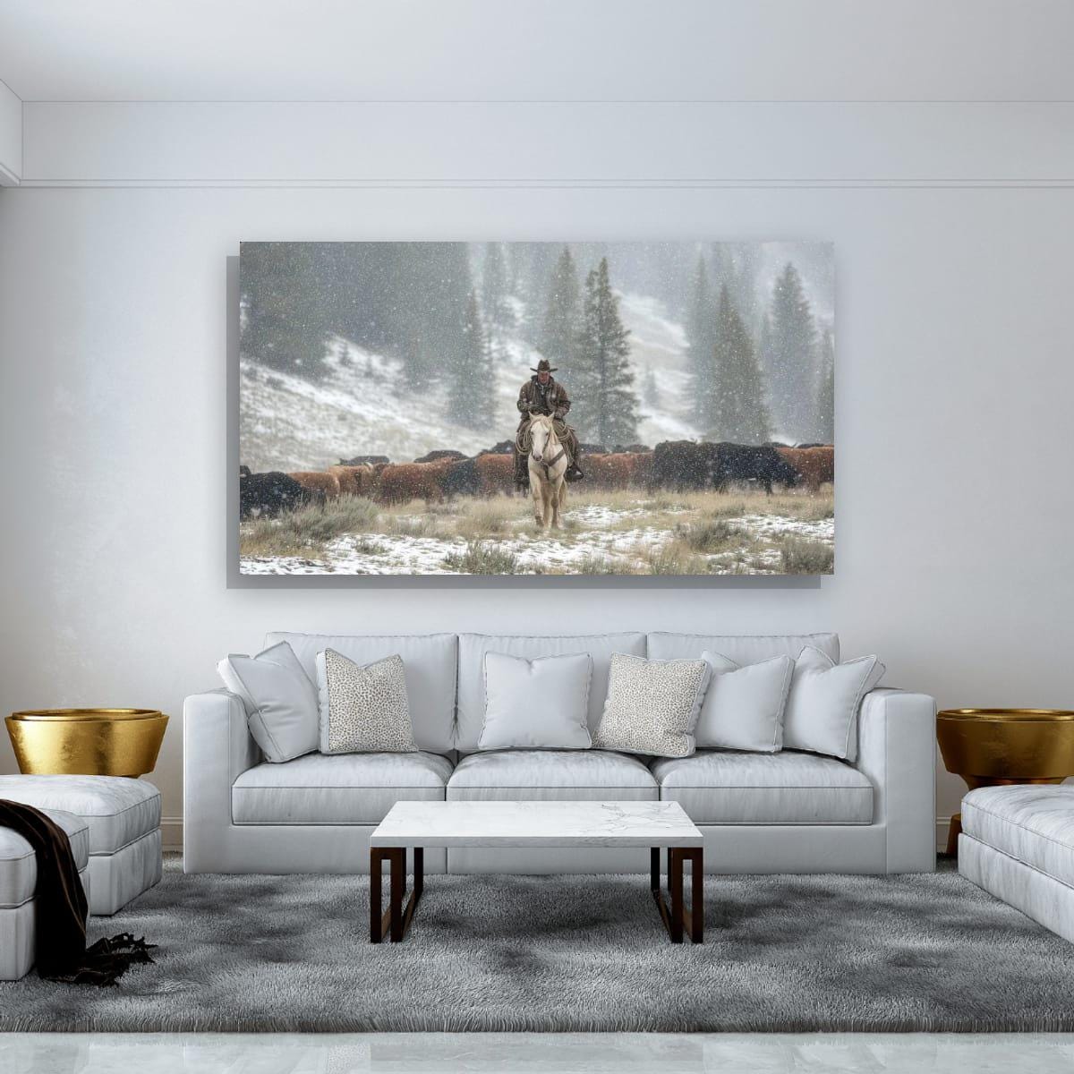 Cowboy Art Print - Rustic Western Decor | Winter Roundup Snowy Scene