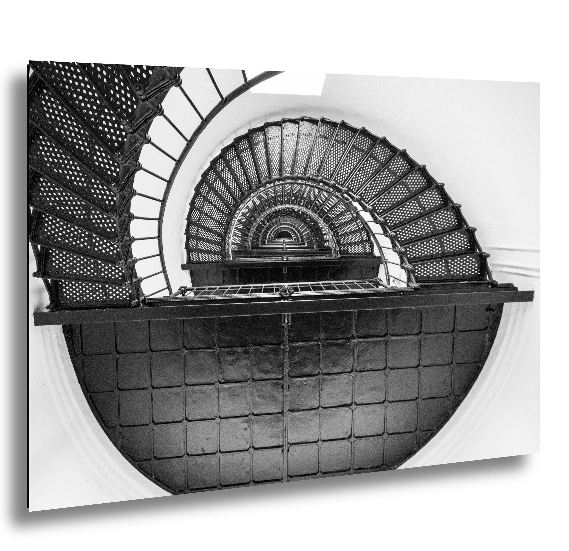 Outer Banks Lighthouse Print - Black and White Spiral Staircase Photography Art