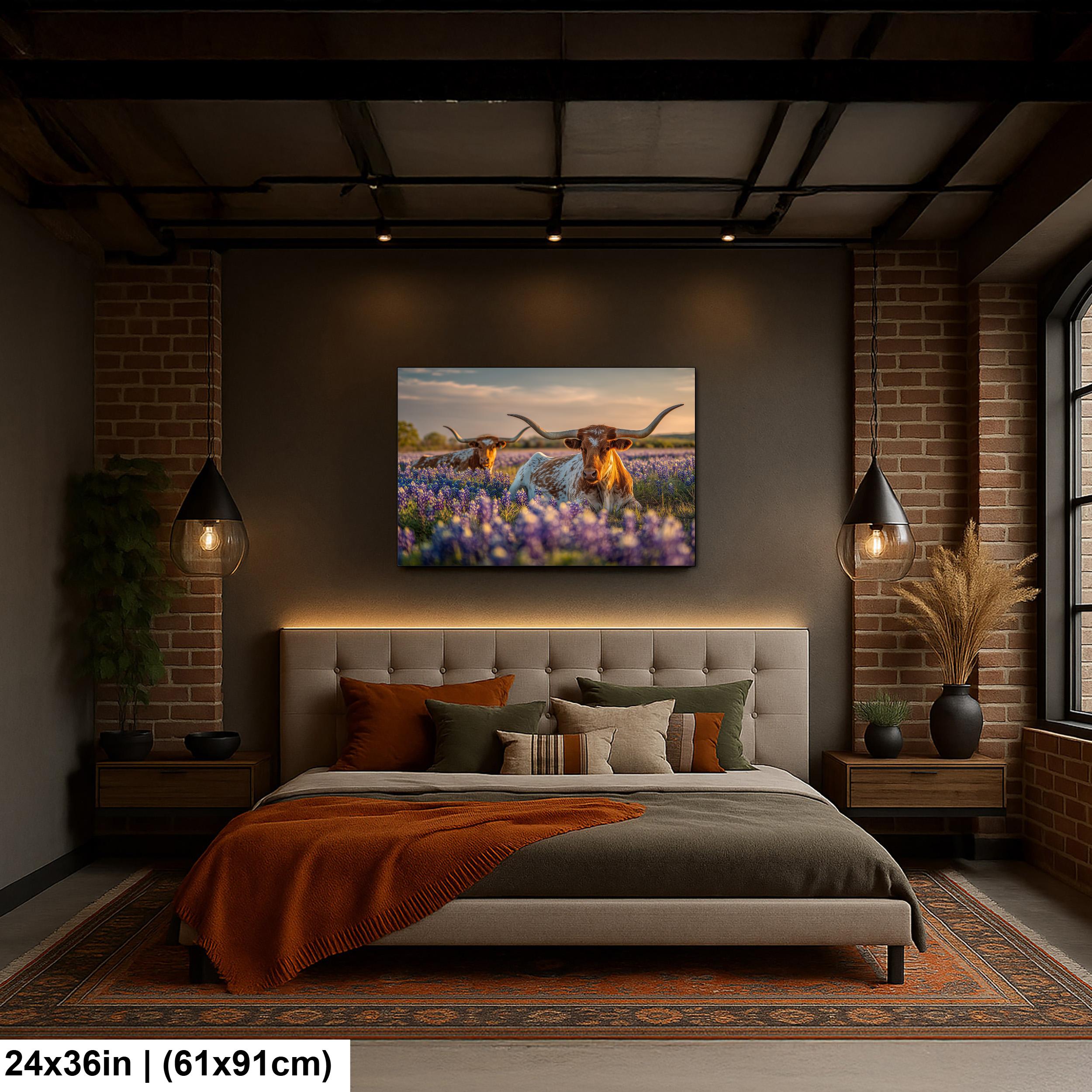 Longhorn Cattle Painting | Textured Rustic Wall Art With Bluebonnet Meadow Print