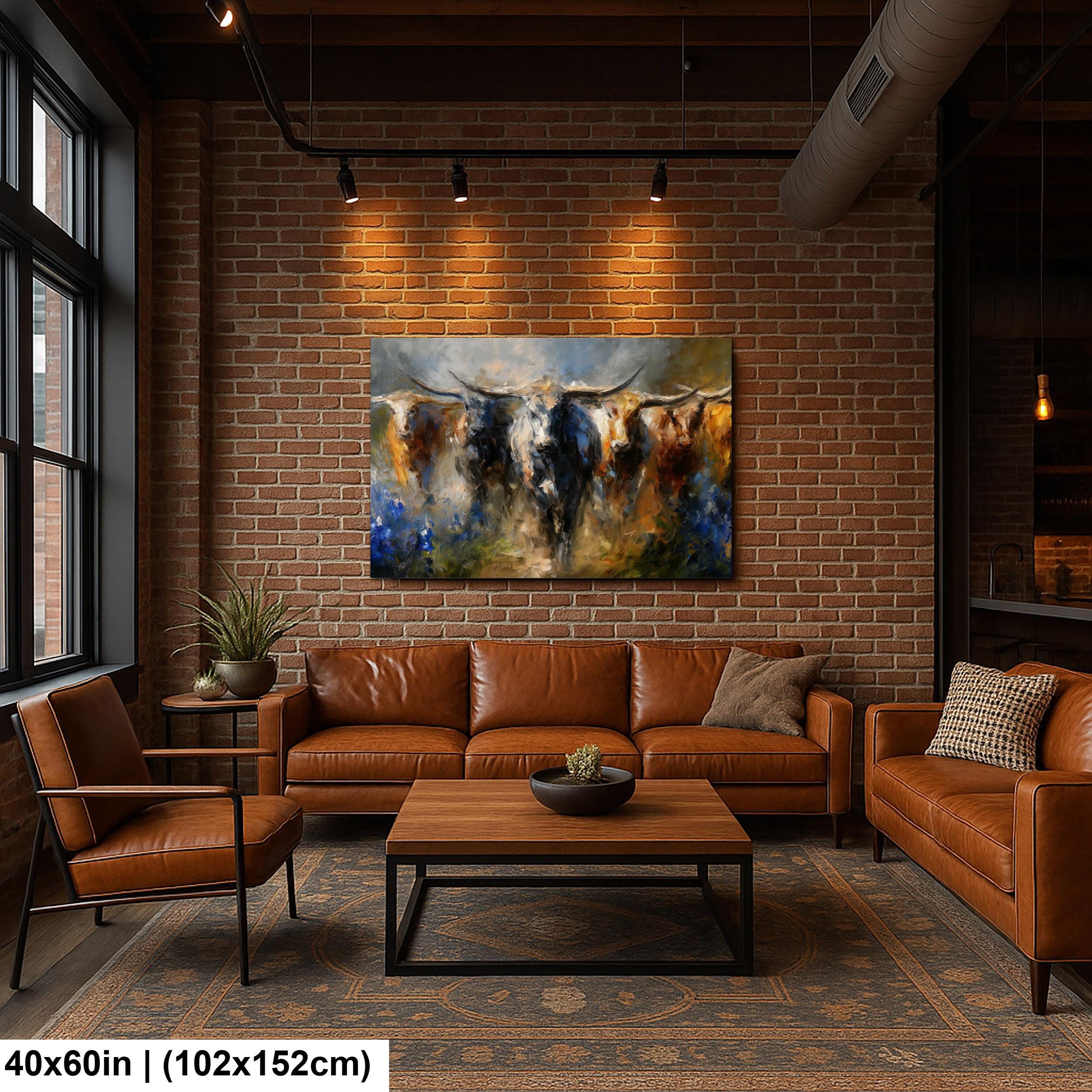 Longhorn Cattle Painting – Rustic Wall Art With Bluebonnet Landscape & Western Decor
