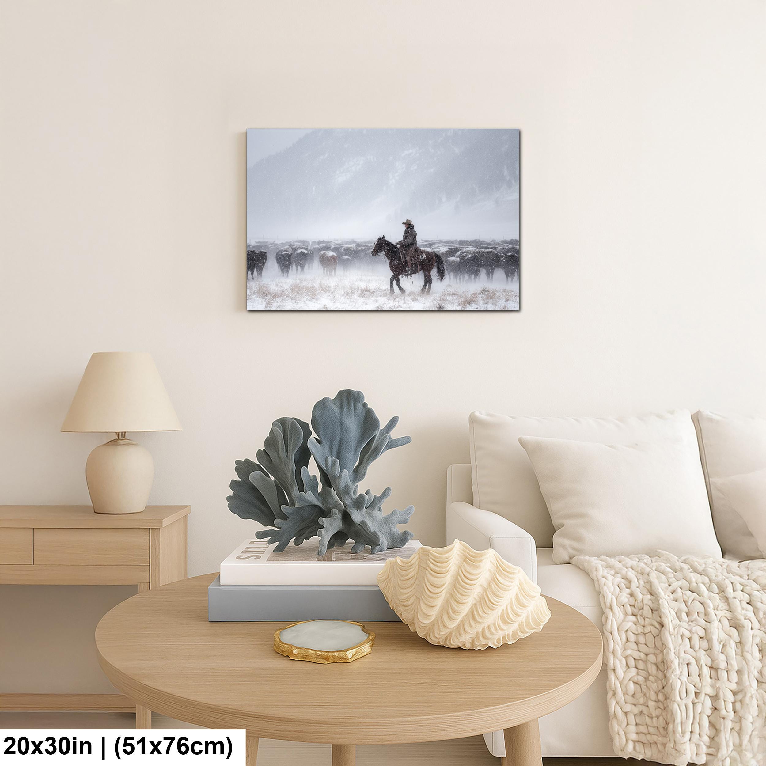 Cowboy Art Print – Rustic Western Home Decor With Winter Roundup Scene