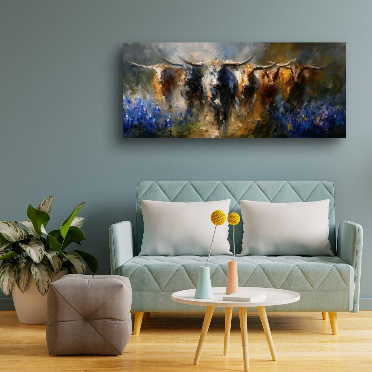Longhorn Cattle Painting – Rustic Wall Art With Bluebonnet Landscape & Western Decor