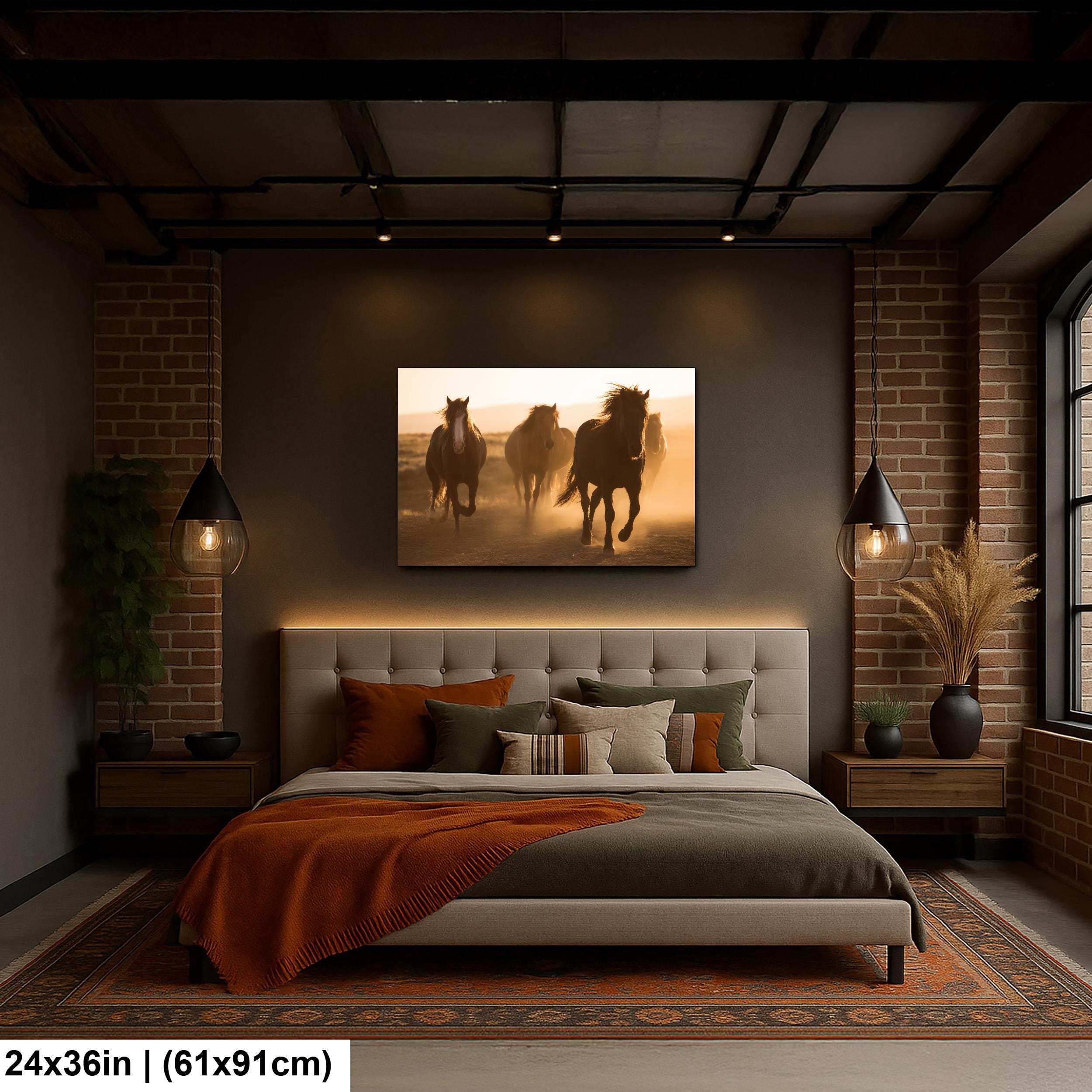 Wild Horses Art Print - Rustic Western Wall Art | Sunset Horse Painting Decor