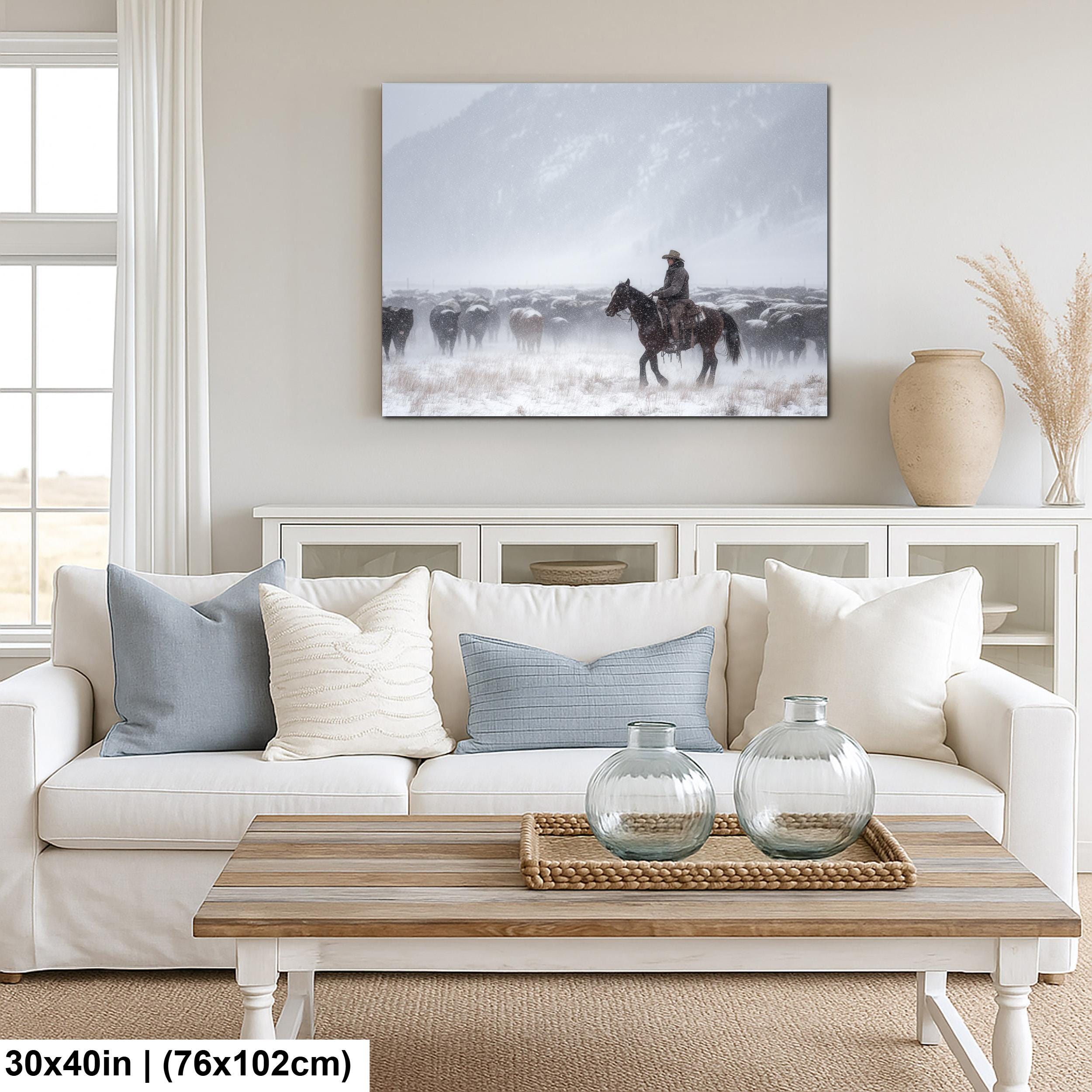 Cowboy Art Print – Rustic Western Home Decor With Winter Roundup Scene