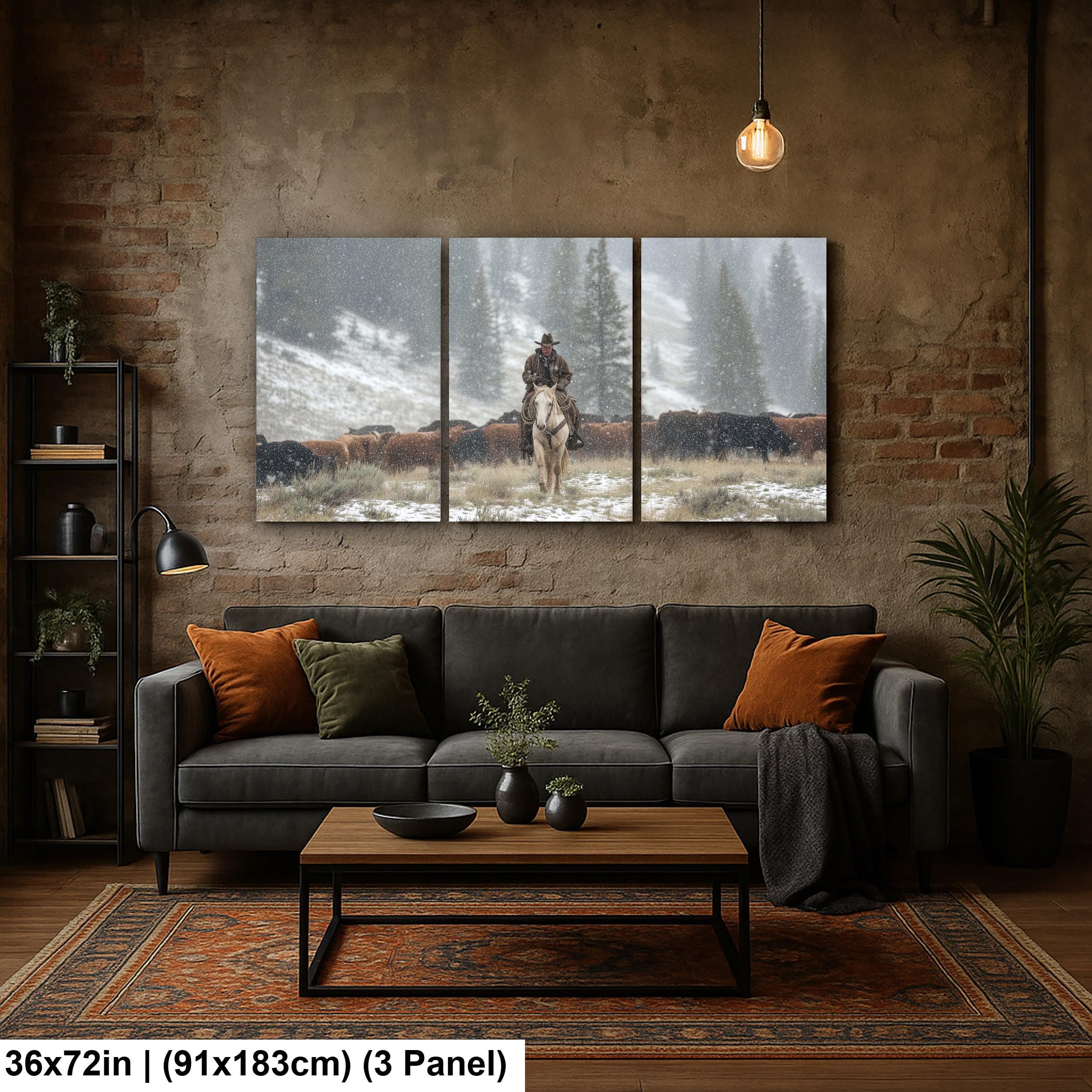 Cowboy Art Print - Rustic Western Decor | Winter Roundup Snowy Scene
